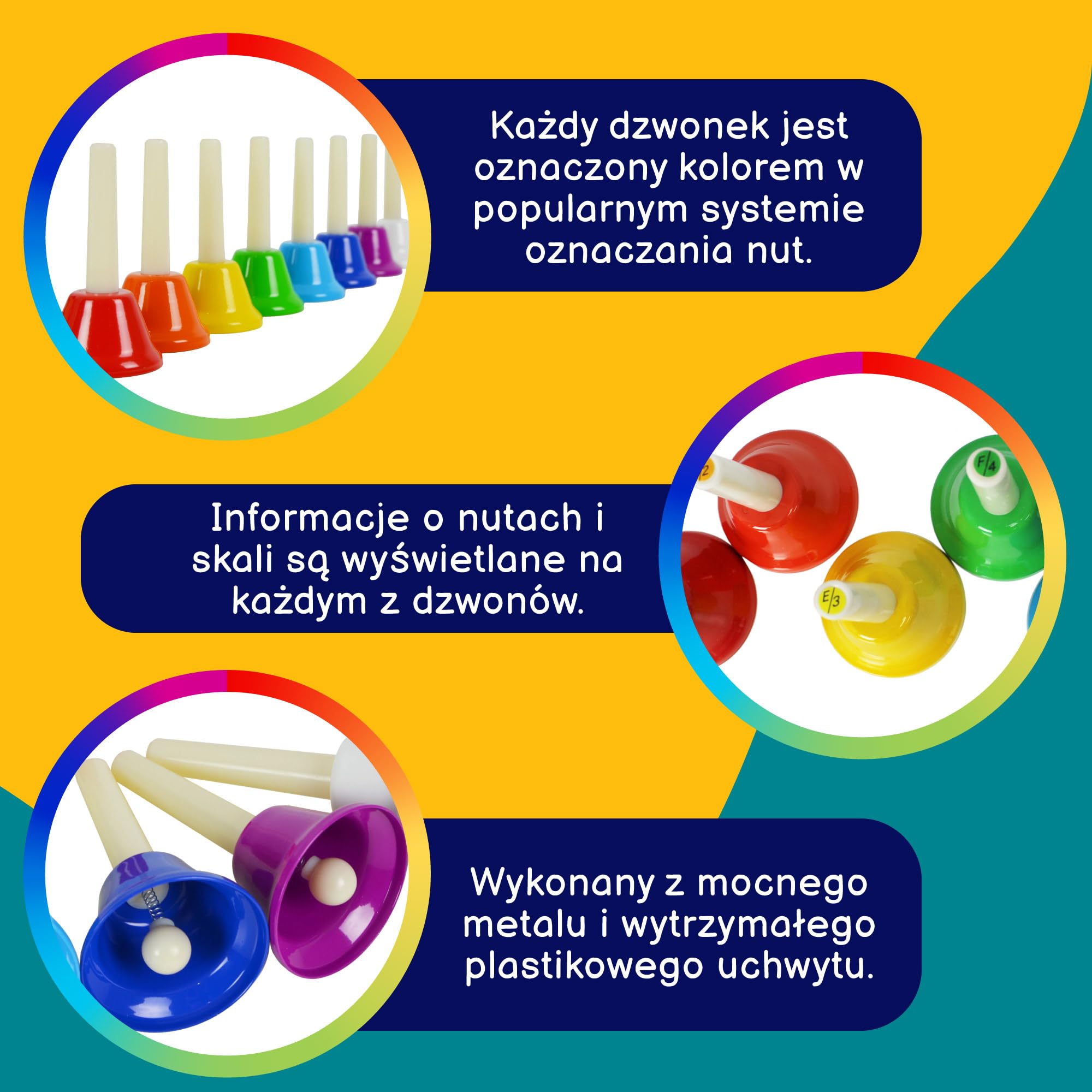 A-Star Zestaw 8 kolorowych tęczowych metalowych dzwonków diatonicznych - od C6 do C7