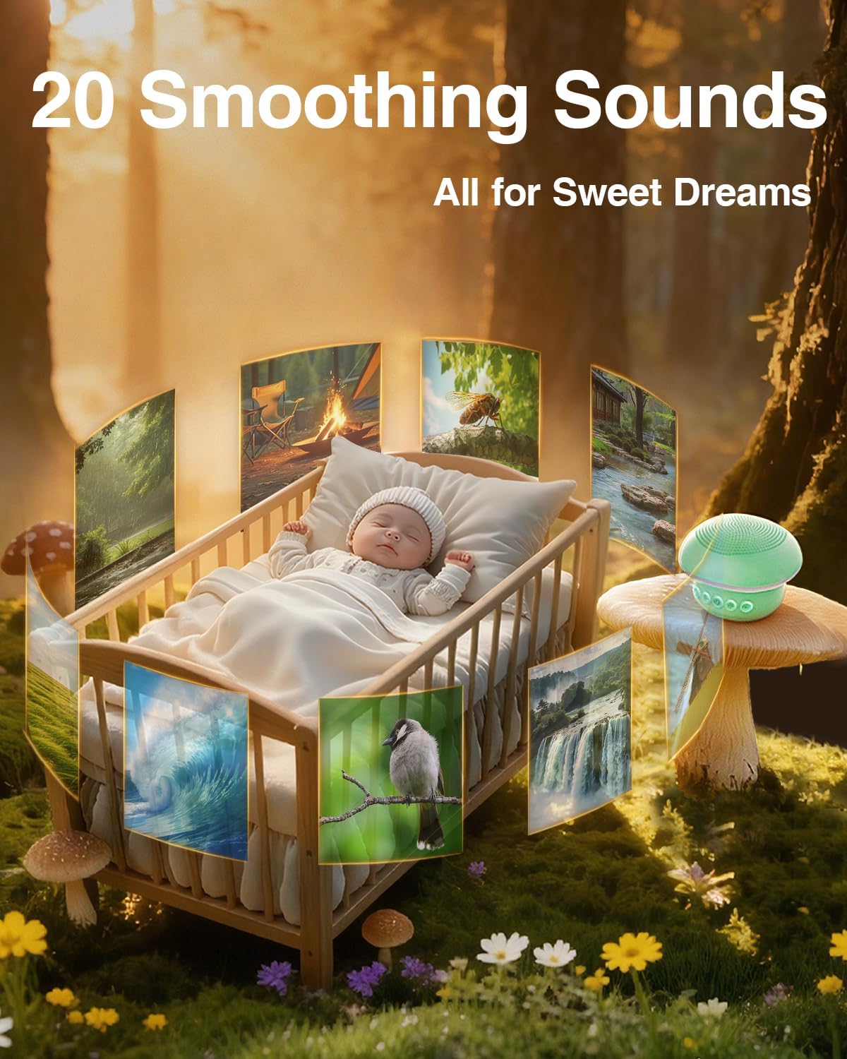 Portable White Noise Sound Machine with 20 Relaxing Sounds, 48H Playtime, 3 Timers & Night Lights, Memory, TF Card Mode & 10m Wireless Playback for Newborn Baby Gift, Adult, Mini for Home Sleep Office
