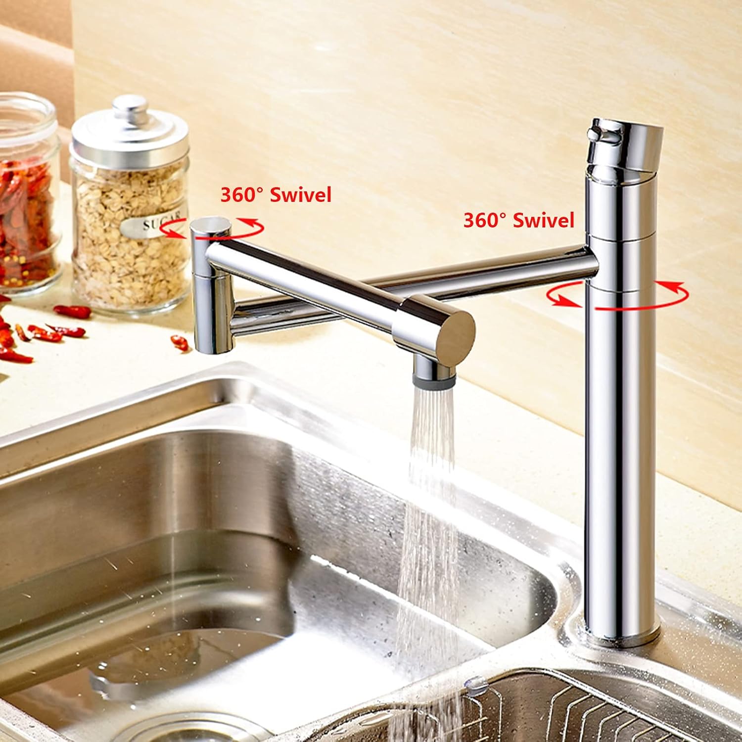 ポットフィラー蛇口、360&deg;回転折りたたみ式キッチン蛇口、デュアルモードスプレー付き、真鍮シングルハンドル冷水・温水ミキサータップ、