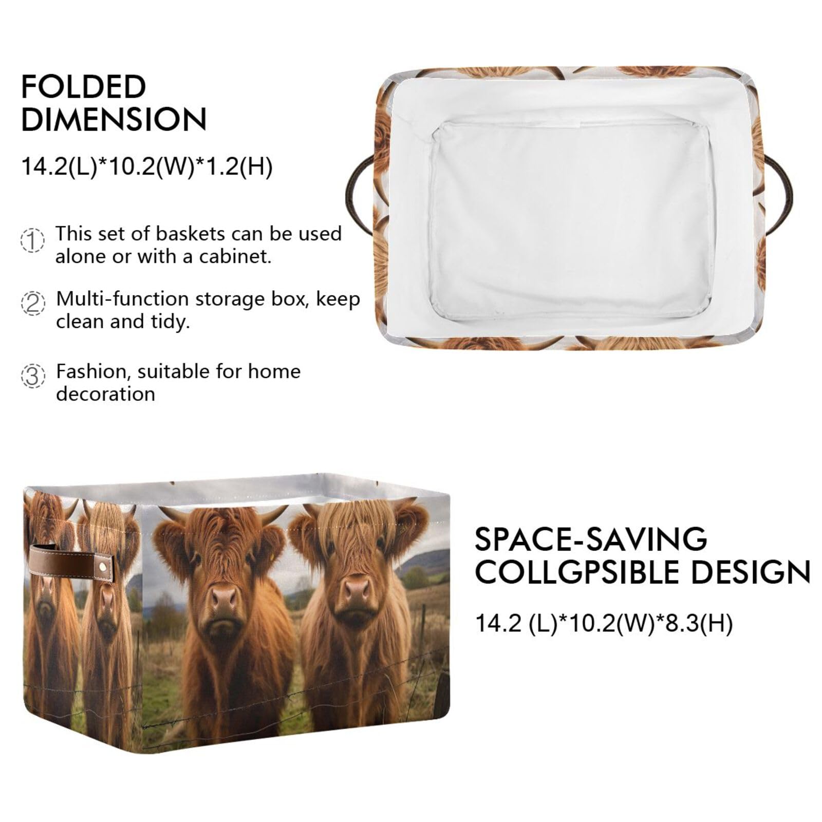 Linqin Scottish Highland Cow Print Storage Basket – Collapsible, Foldable Bin For Toys & Organizing