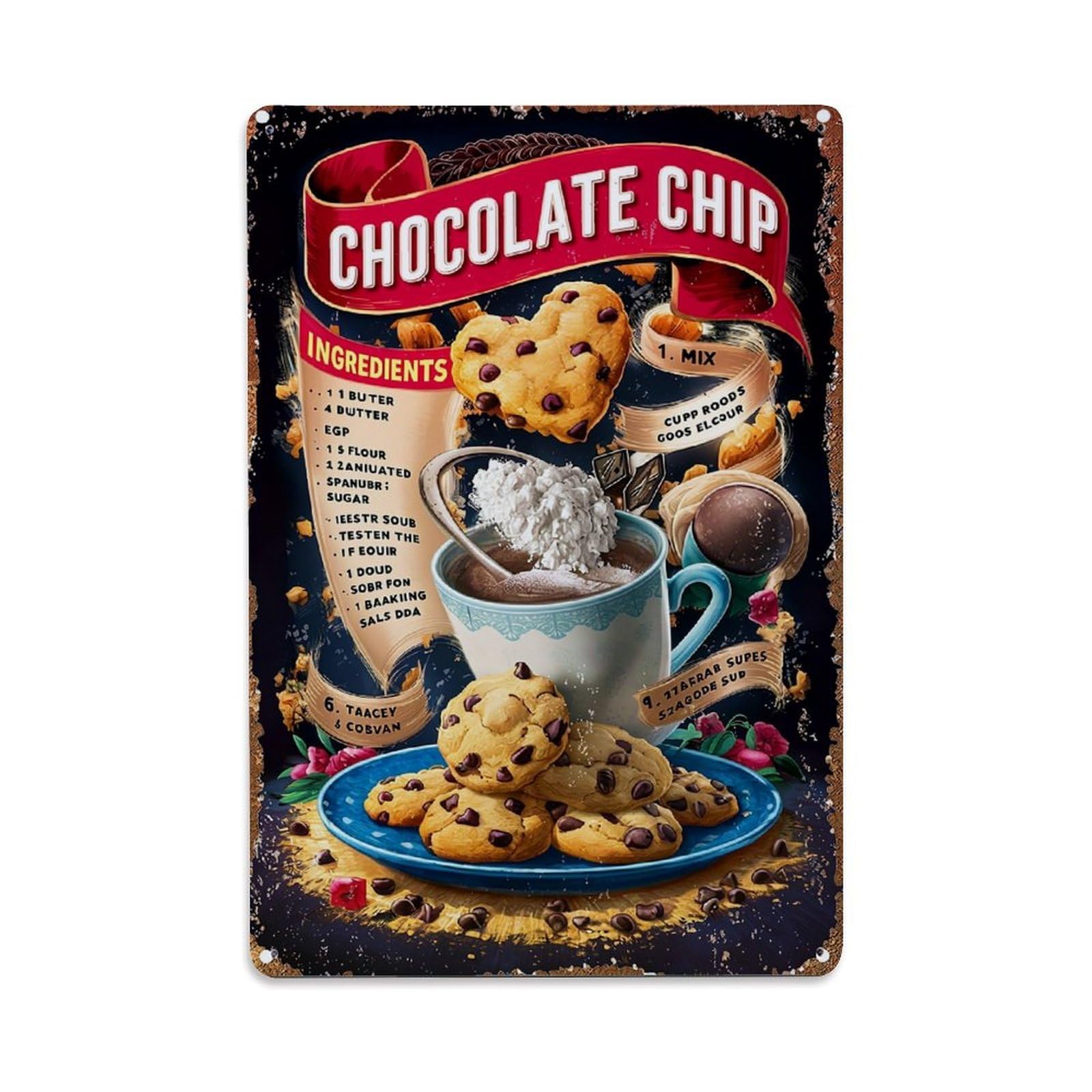 Jdyaojiesheng Vintage Chocolate Chip Cookie Recipe Art Tin Sign Retro Metal Wall Decor Metal Poster, Home Bar Garage Farmhouse Cafe Wall Art Decoration 8X12inches