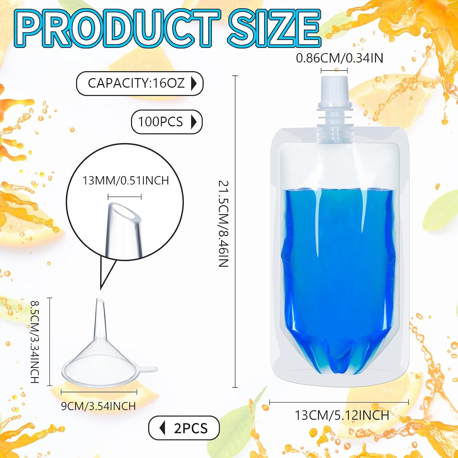 100 Pcs Plastic Pouches Bulk Clear Juice Bags Squeeze Pouches Plastic Leak Proof Bags with Funnel for Party Favors (16 oz)