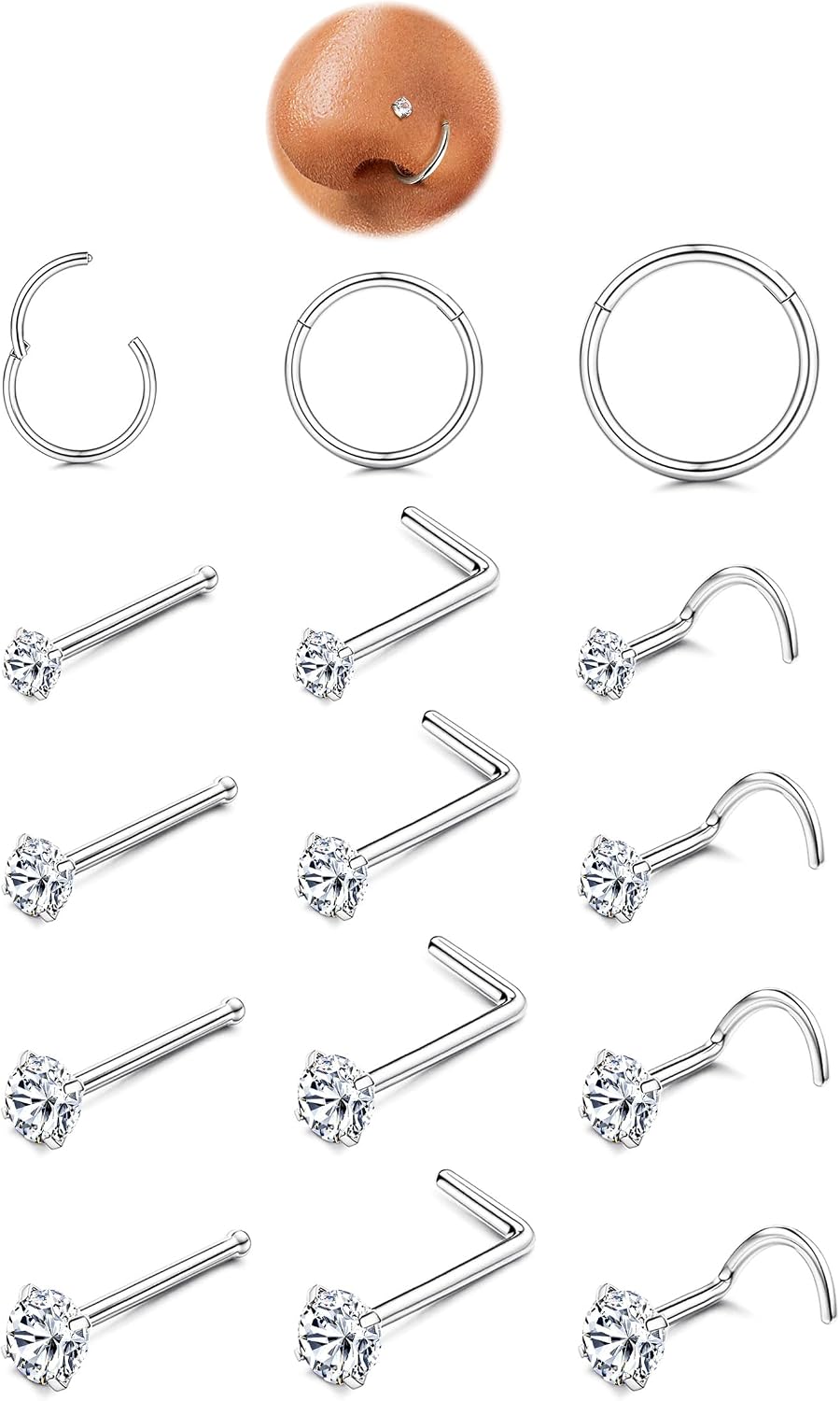 ORAZIO Nose Rings for Women - Silver Plated Hypoallergenic 316L Surgical Stainless Steel Nose Ring Hoops 20G Small Cute CZ Straight Screw L Shaped Nose Studs Piercings Jewelry for Women Men 15Pcs