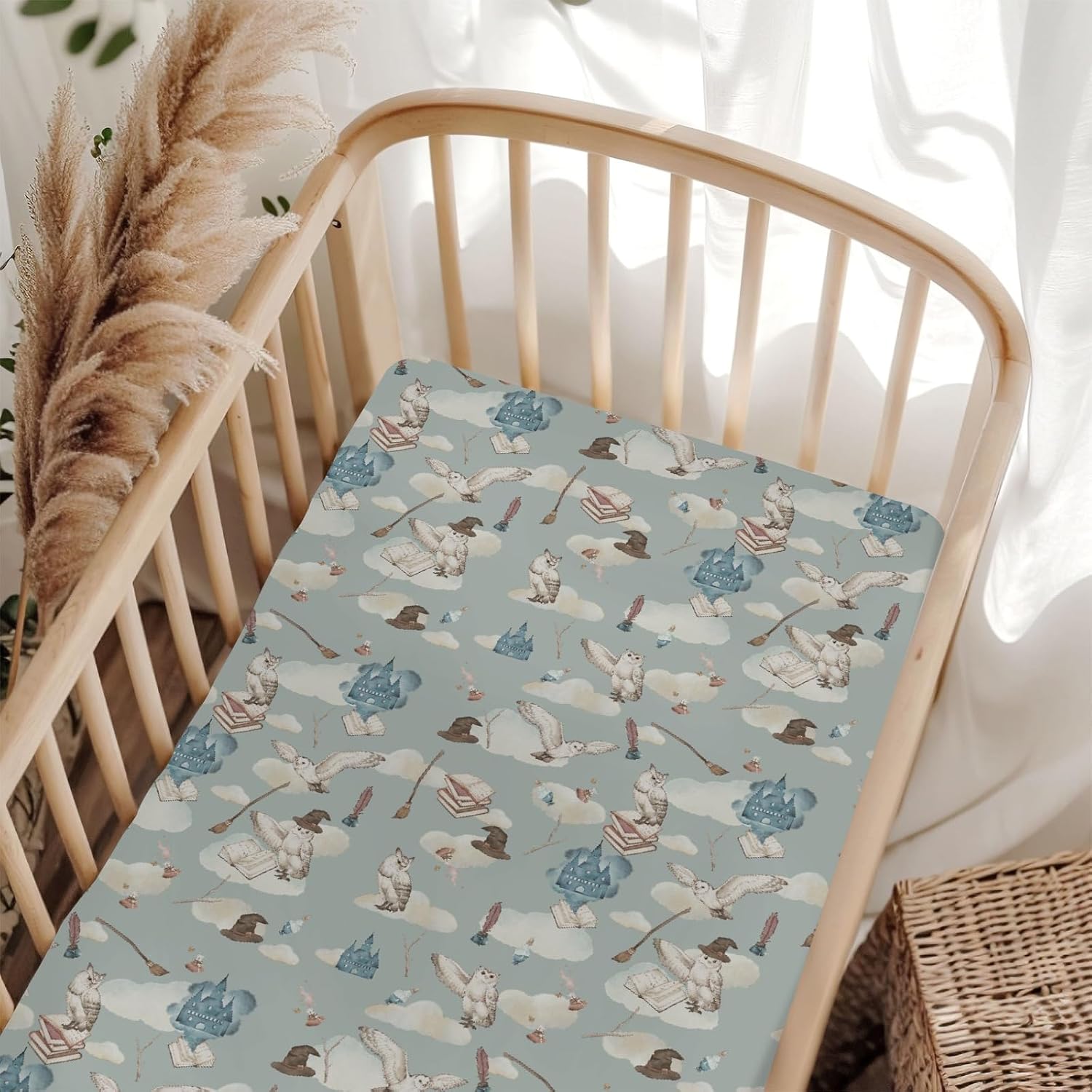 Vintage Wizard Owls Baby Crib Sheets for Boy Girl 52"x28" Witch Hat Books Castle Clouds Soft Snug Fitted Crib Mattress Cover Magics Wizard Universe Baby Sheet for Standard Crib & Toddler Mattress Pad