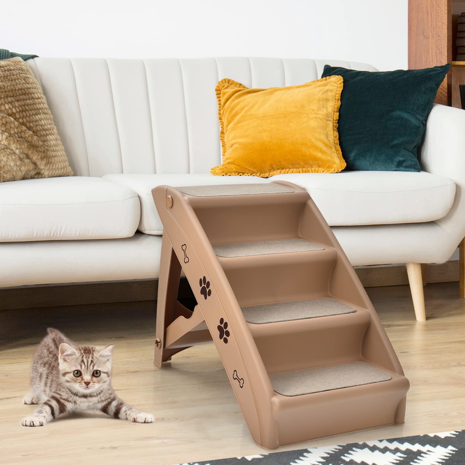COSTWAY Escalier pour Chien Pliant à 4 Marches en Plastique Charge 60KG 64 x 39 x 49 cm Feutre Doux Structure Triangulaire Echelles pour Chiens et Chats (Café)
