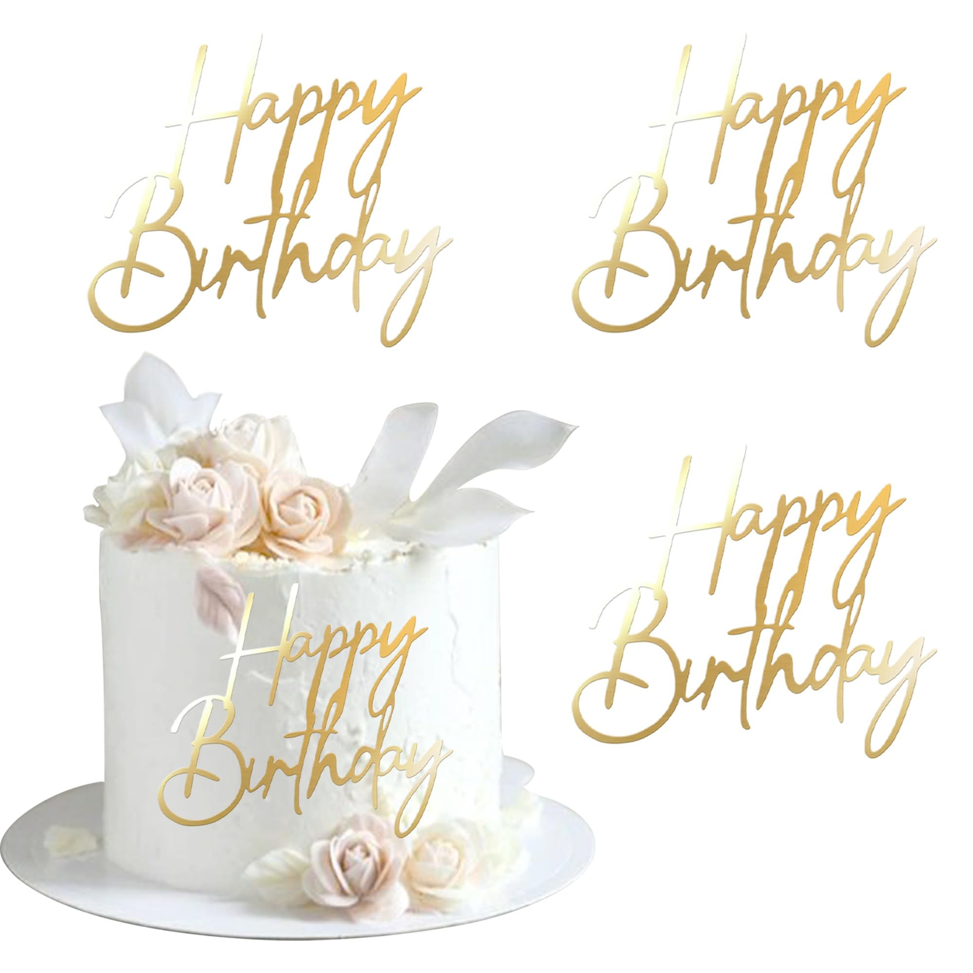 Rsstarxi 3 Pack Artistic Fonts Happy Birthday Cake Topper Gold Acrylic Birthday Sign Cake Pick for Men Women Boys Girls Birthday Party Cake