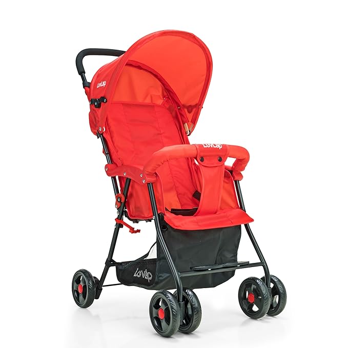 Apollo Stroller with Multi-Position Recline, Lightweight, 3-Point Safety Harness, Rear Wheel Brakes, Swivel Front Wheels, Storage Basket, Weight Capacity 15Kgs, Red