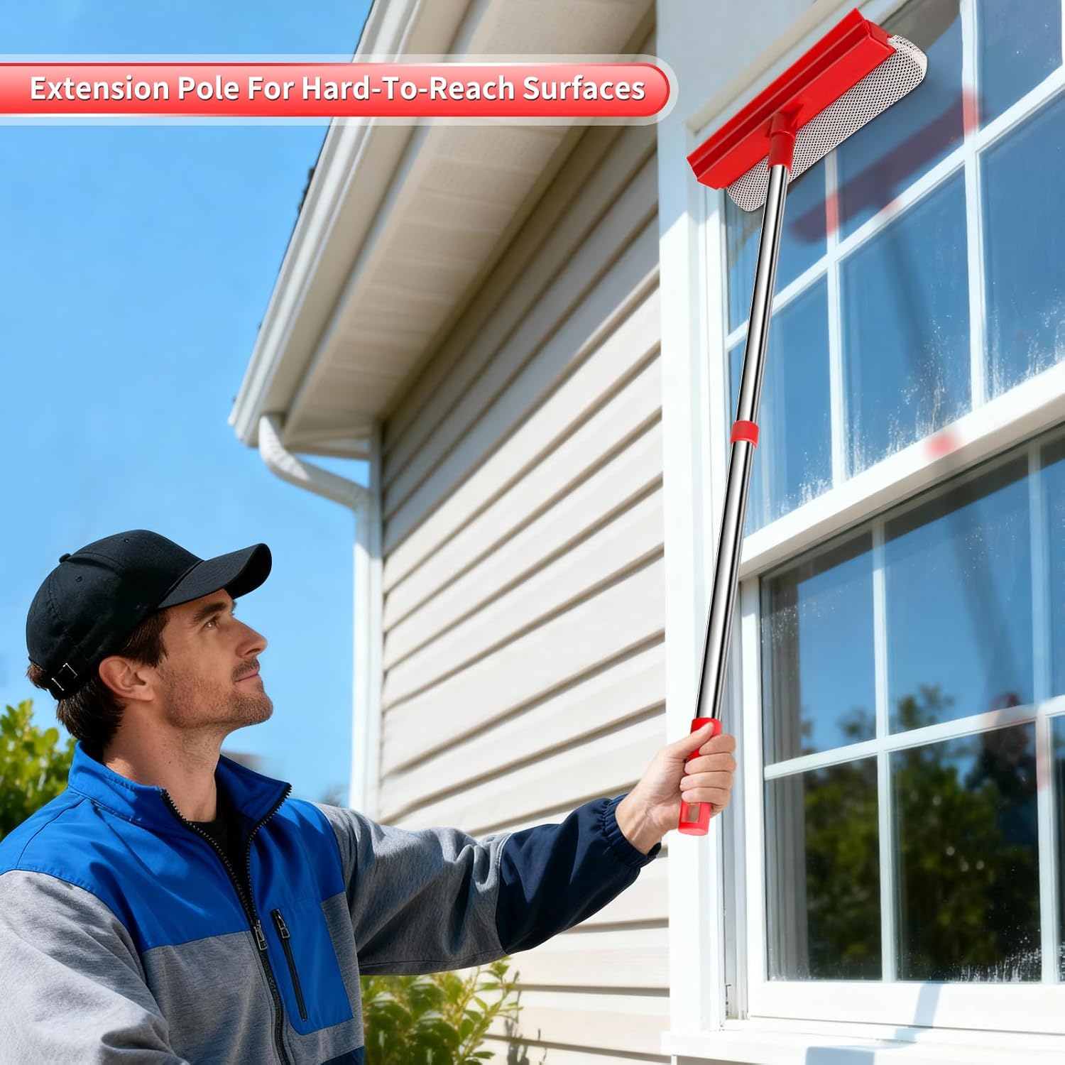 Window Squeee.- Retractable Handle, 2-in-1 Squeee for Window Cleaning