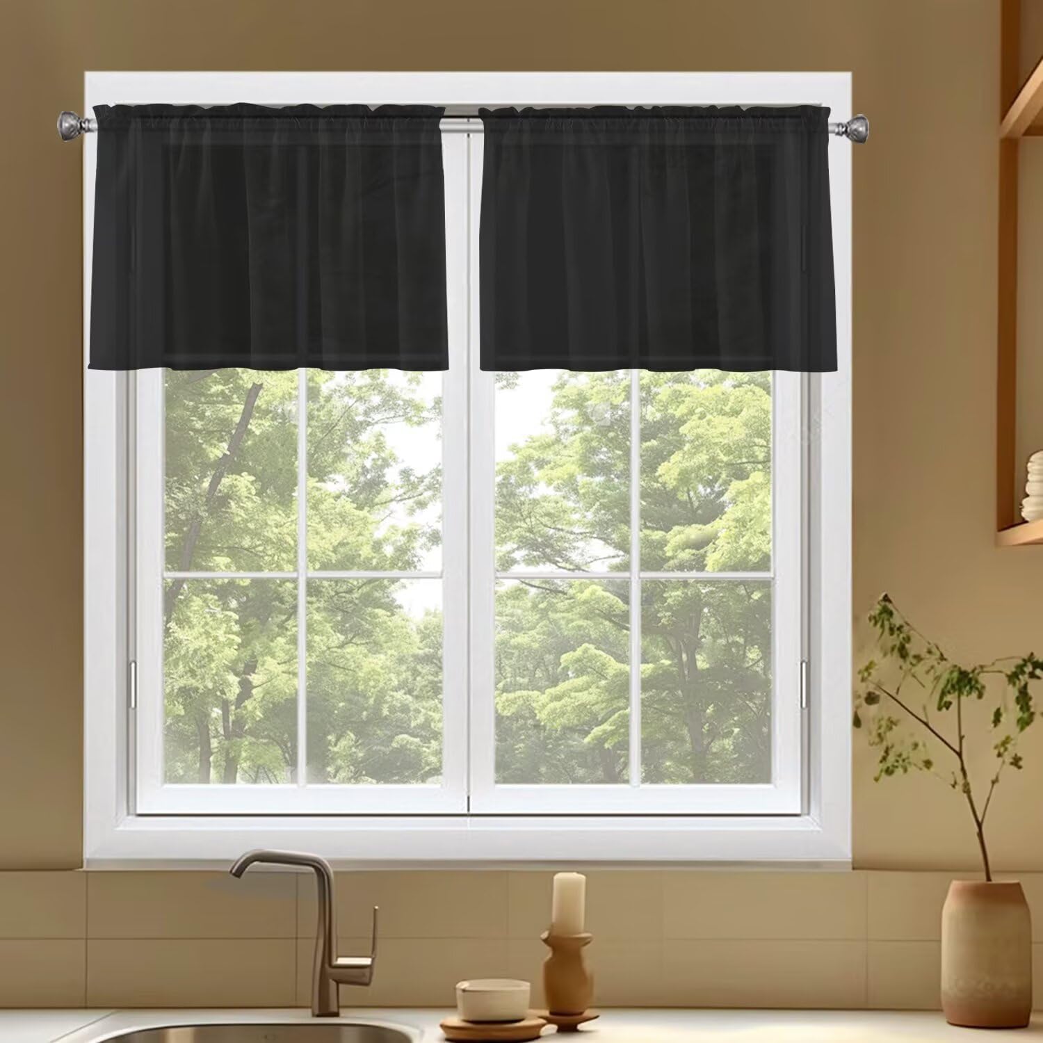 SpaceDresser Basic Rod Pocket Sheer Voile Window Curtain Panels Black 1 Pair 2 Panels 52 Width 18 Inch Long for Kitchen Bedroom Children Living Room YardοΌBlack, 52W x 18LοΌ