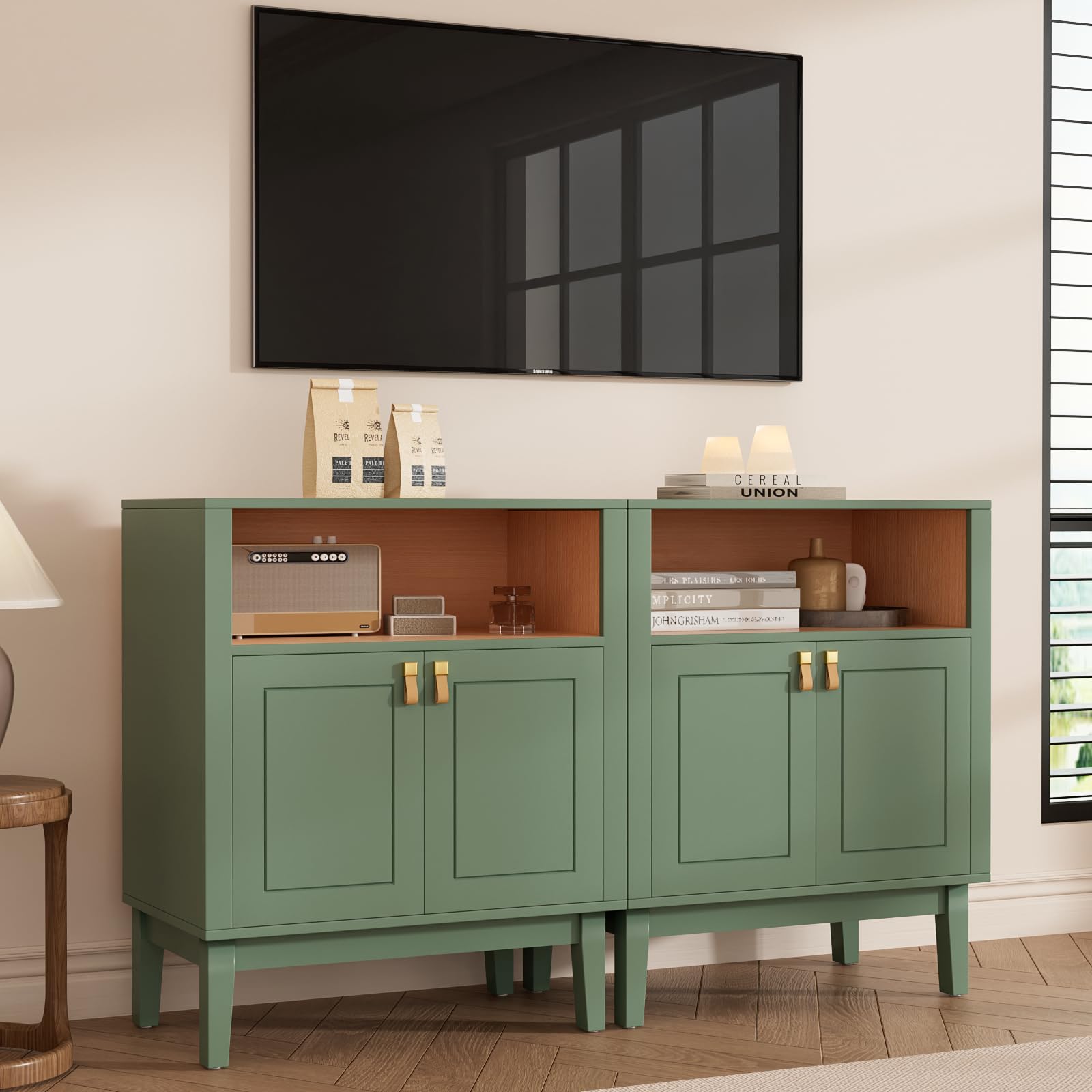 VOWNER Meuble TV Bibliotheque avec LED, 300 cm Grand Meuble Télé avec Portes en Verre pour TV jusqu'à 75 Pouces, Meuble TV Set, Buffet pour Salon, Cuisine, 300 x 180 x 40 cm (Vert, 5PCS)