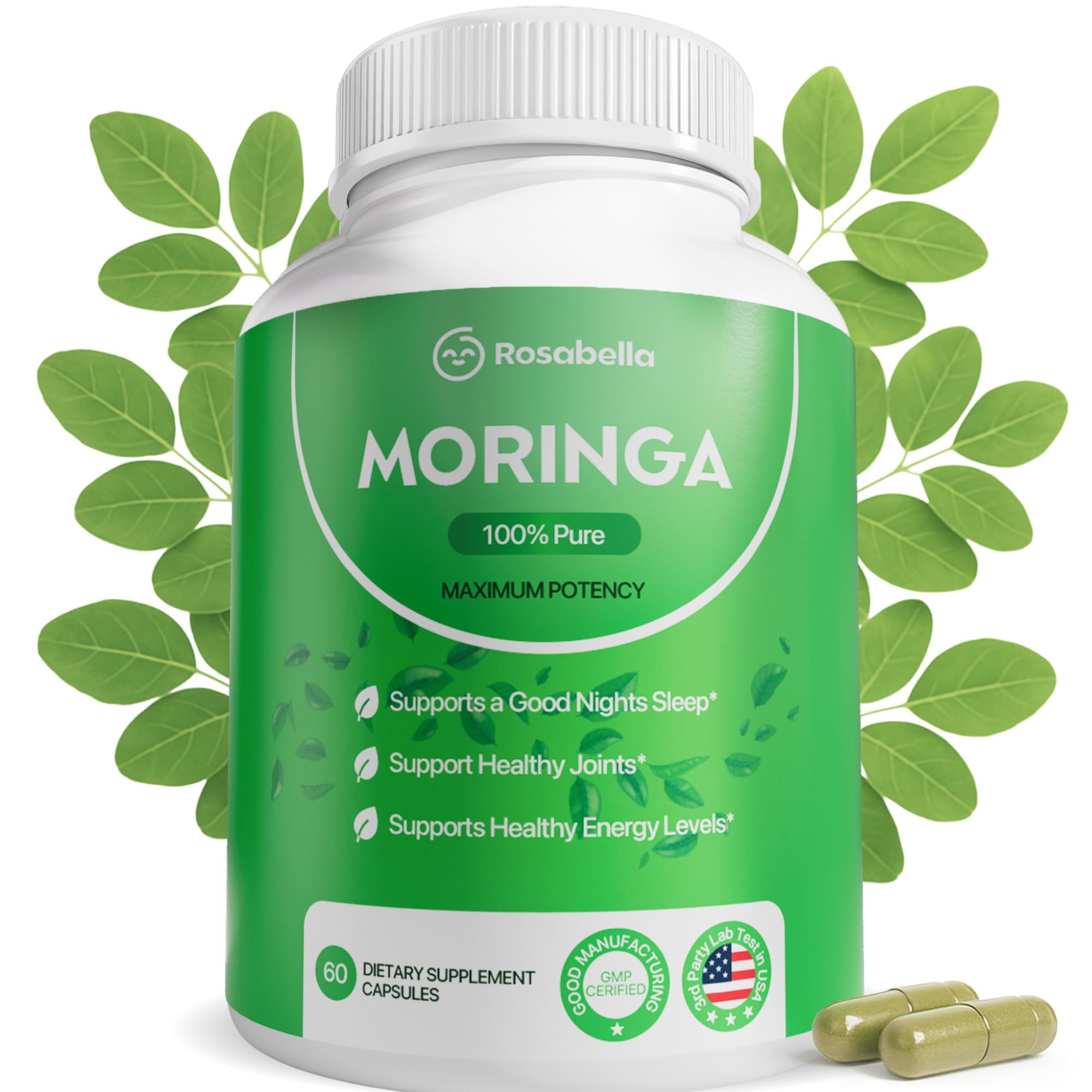Rosabella Moringa Capsules - Pure Moringa Powder, Energy, Skin, Immune & Gut Health Superfood, Rich in Antioxidants, Essential Vitamins & Amino Acids, Natural Green Superfood Supplement - 60 Count