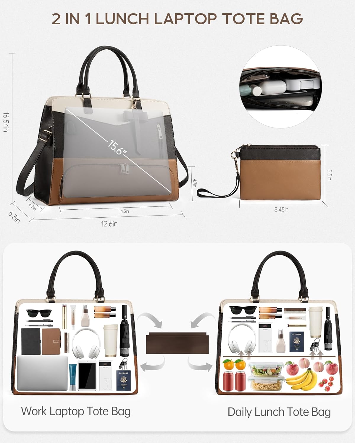 Lunch Tote Bag for Women 2 in 1 Laptop Work Bag with Lunch Insulated Compartment and Purse Combo Waterproof PU Leather 15.6 Inch Computer Shoulder Bag for Daily, Office, Picnic. Mix Color - Image 5