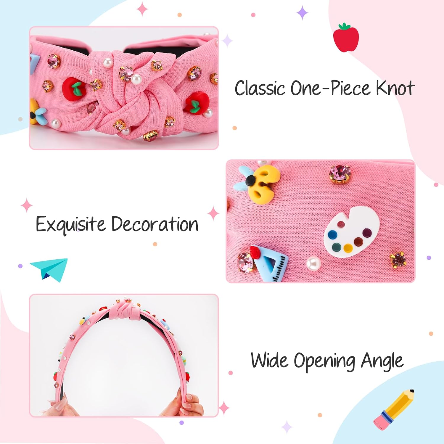 Teacher Headbands for Women, Teacher Appreciation Gifts, Pearl Rhinestone Back to School Headband for Girls, Jeweled Top Knot Embellished Hairband,Teachers Hair Accessories Outfits (Pink)