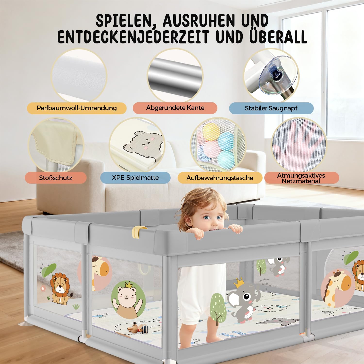 Laufstall Baby mit Matratze 120x120, Kleines Laufgitter Baby mit Saugnapfbasis, 360° Atmungsaktivem Netz und 210D Oxford Gewebe, Stabiler & Sicherer Babyspielplatz, 60 Bällen & 4 Zugringe