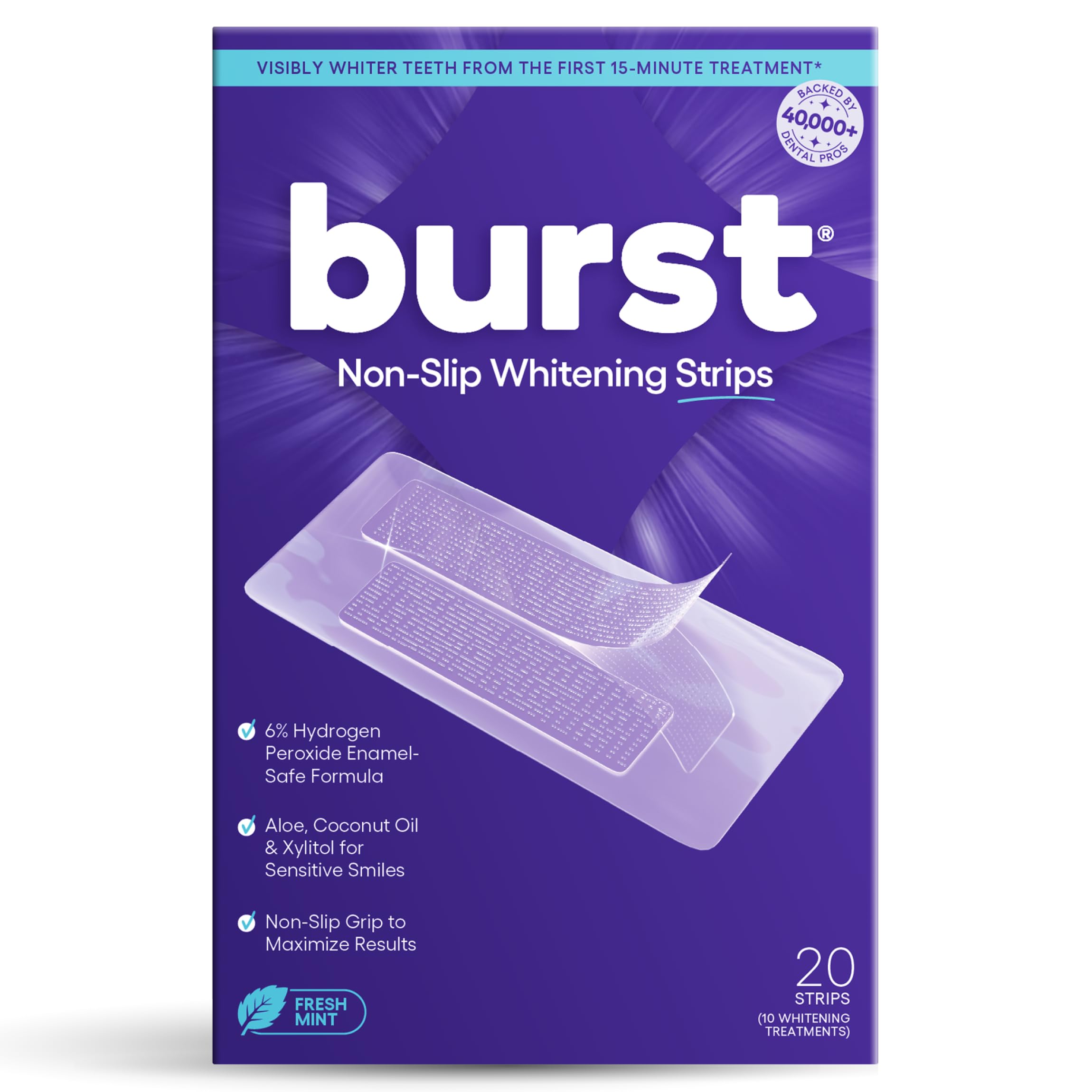 BURST Sensitive Teeth Whitening Strips (Mint) | 20 Strips/10 Treatments – Each with 1 Upper/1 Lower | Visible Results in 15 Minutes | No-Slip Grip |