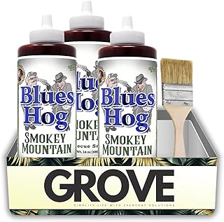 3x Blues Hog BBQ Sauce Smokey Mountain 24 oz Bundle with Flat Chip Brush – Hickory-Smoked Sauce for Grilling, Basting, and Finishing Meats and Sides – Gift Set (4 Items)