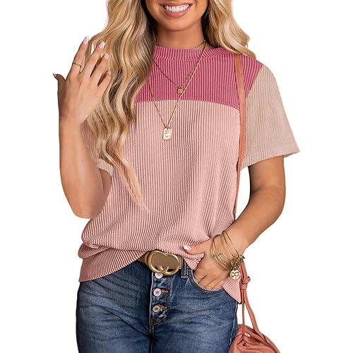 Dokotoo Womens Color Block Fashion Short Sleeve Crewneck Knitted Spring Summer Casual Loose T Shirts Tops