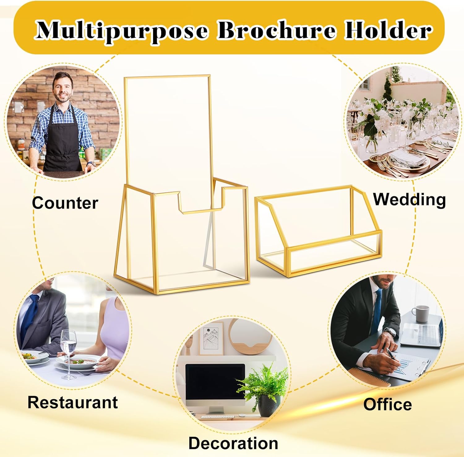 Watersay 4 Pcs Glass Display Stand Set 2 Gold Glass Brochure Holder Stand 2 Gold Business Card Holder for Office Desktop Countertop Name Card Magazine Literature Journal (4 x 8 '')