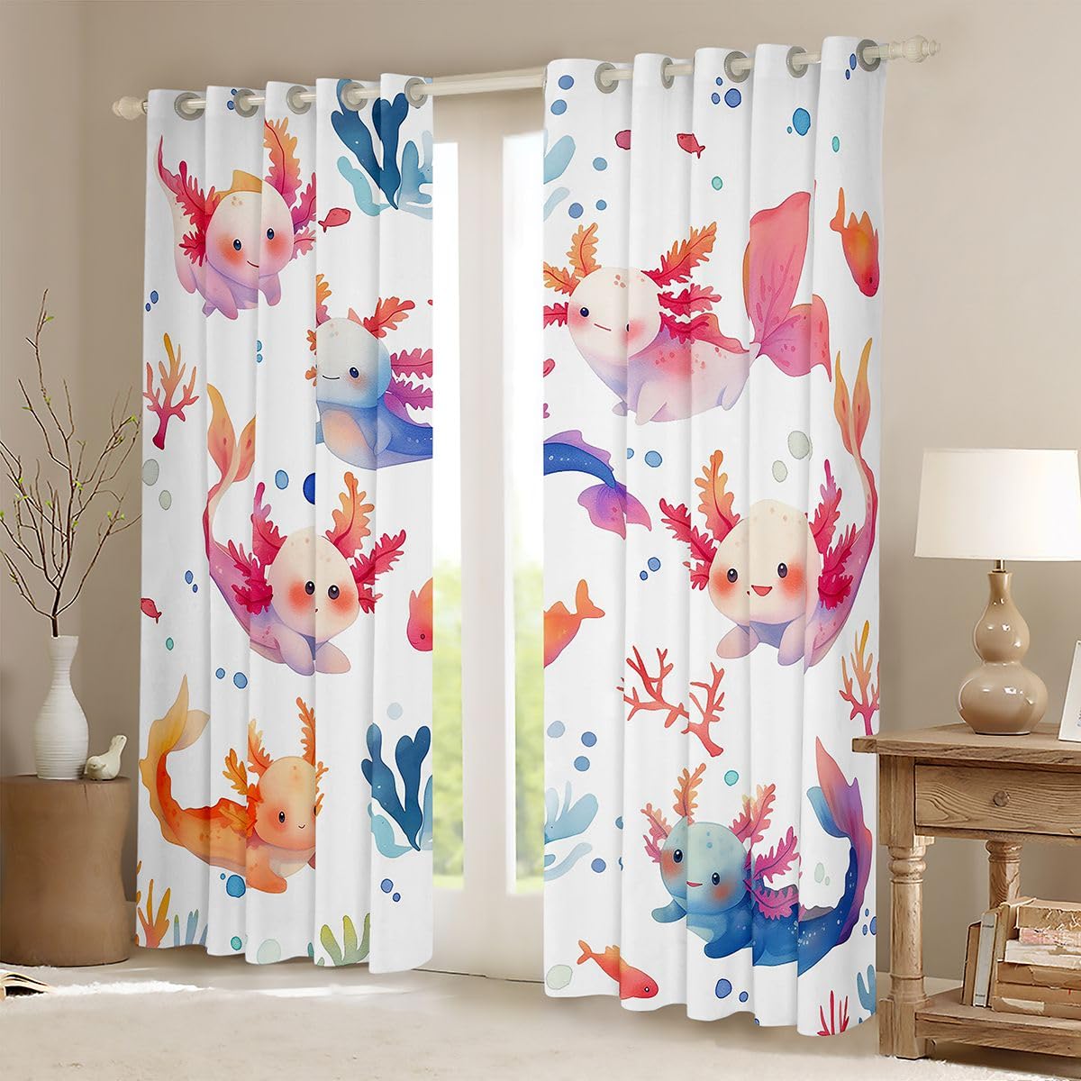 Homemissing Tende oscuranti Axolotl per camera da letto e soggiorno, motivo salamandra, stile kawaii, oceano e vita marina, 2 pannelli, 132 x 228 cm, decorazione per la stanza