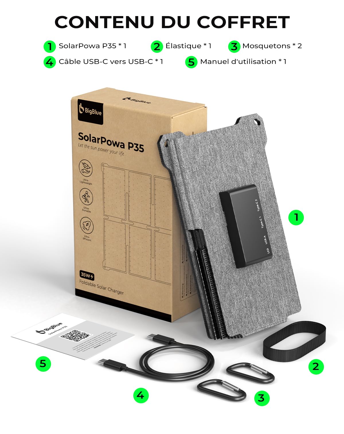 BigBlue Chargeur Solaire Portable 35W avec Charge Rapide USB-A et PD 25W USB-C pour Le Camping et Le Randonnée, 0,7kg, Étanche IP68, Chargeur Solaire Pliable pour iPhone/Android, iPad, Powerbank