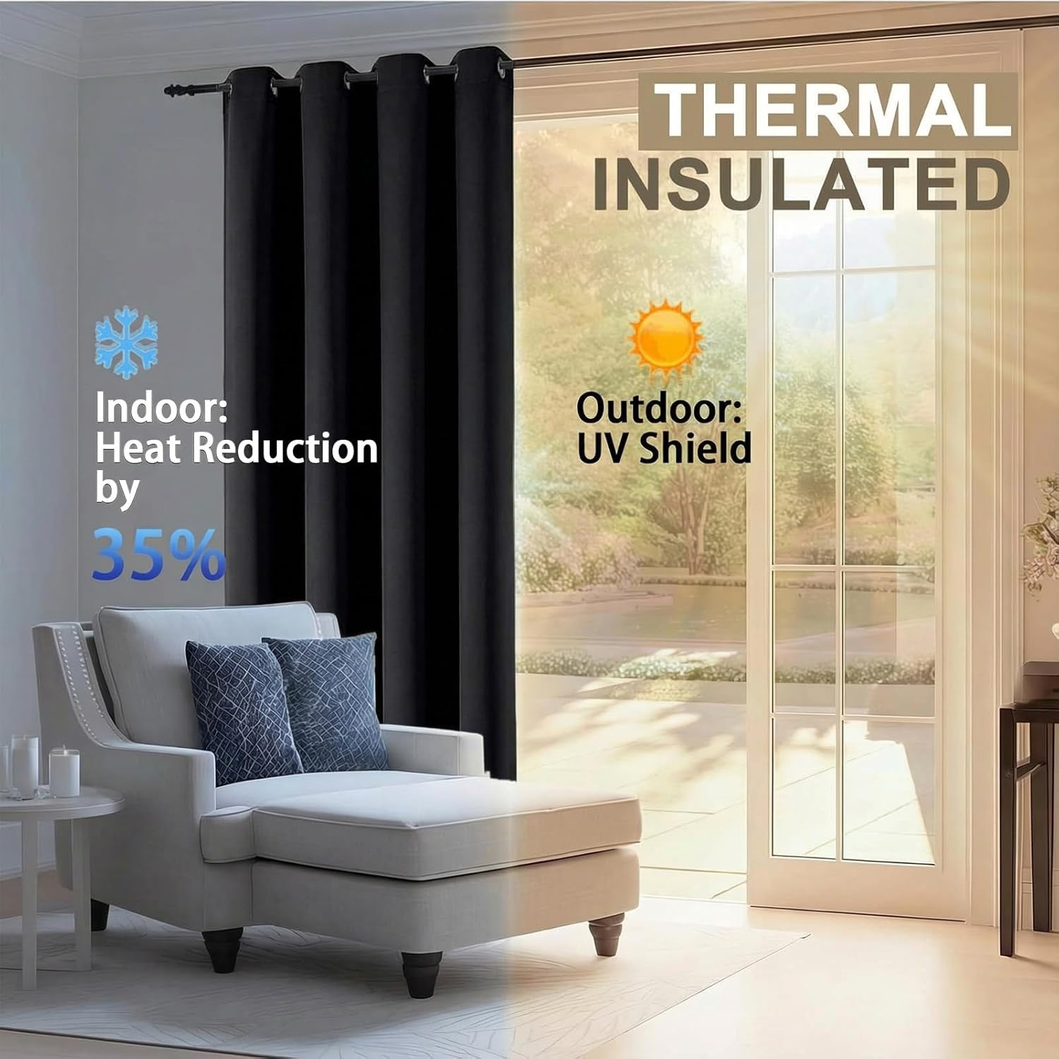 100% Blackout Curtains - Solid Thermal Insulated Thick Fabric Black Blackout Curtains for Bedroom, Grommet Soundproof Window Drapes, 2 Panels, 2x52Wx84L Inches