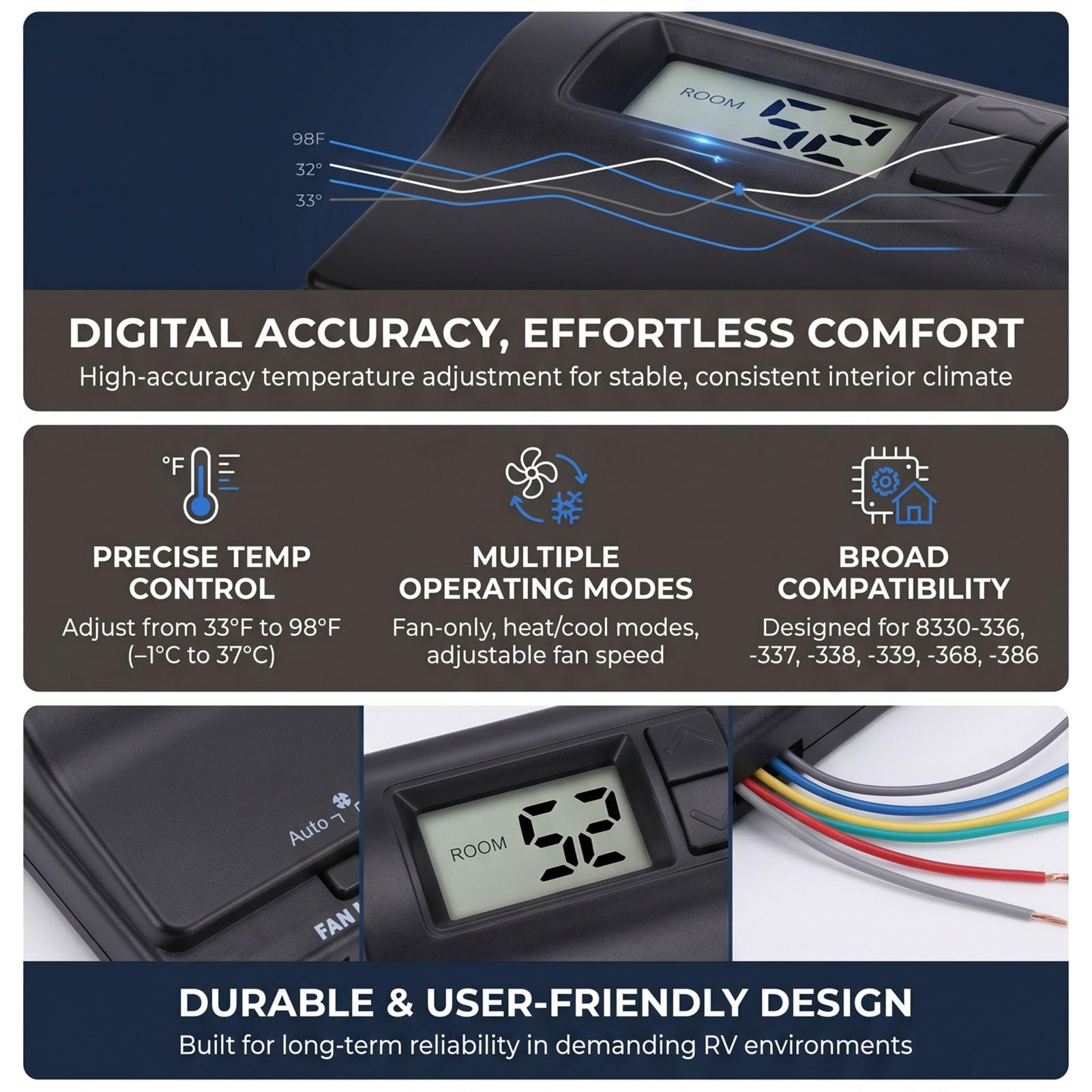 Termostato Digitale per, Installazione Semplice Termostato Digitale per Controllo Preciso della Temperatura per, Controllo HVAC per con Cavi Codificati a Colori per Serie Mach 8330
