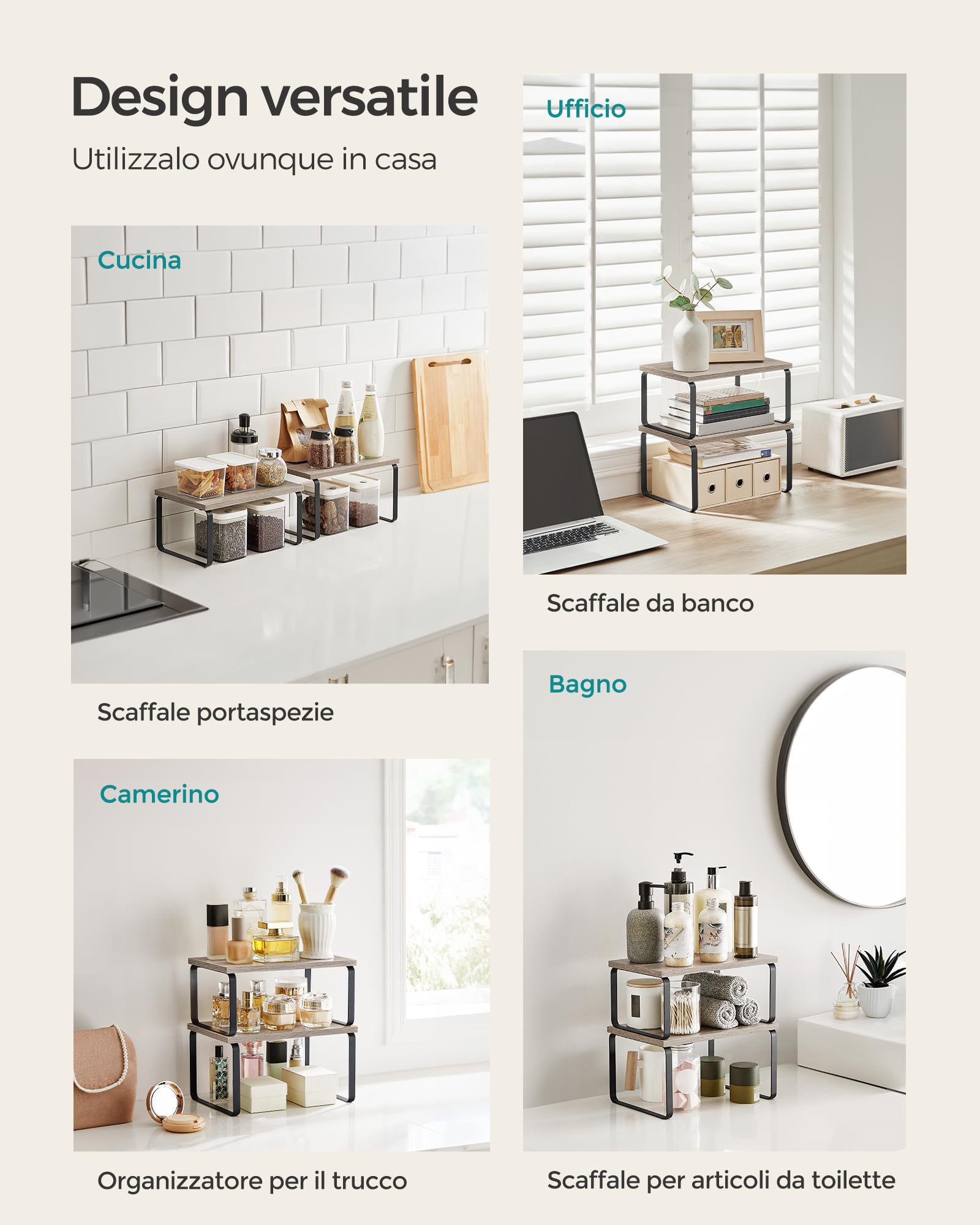 SONGMICS Scaffale Portaspezie, Set di 2 Organizzatori da Cucina Espandibili, Scaffale da Cucina Impilabile, Metallo e Legno Ingegnerizzato, Nero Inchiostro e Greige Erica KCS020X02