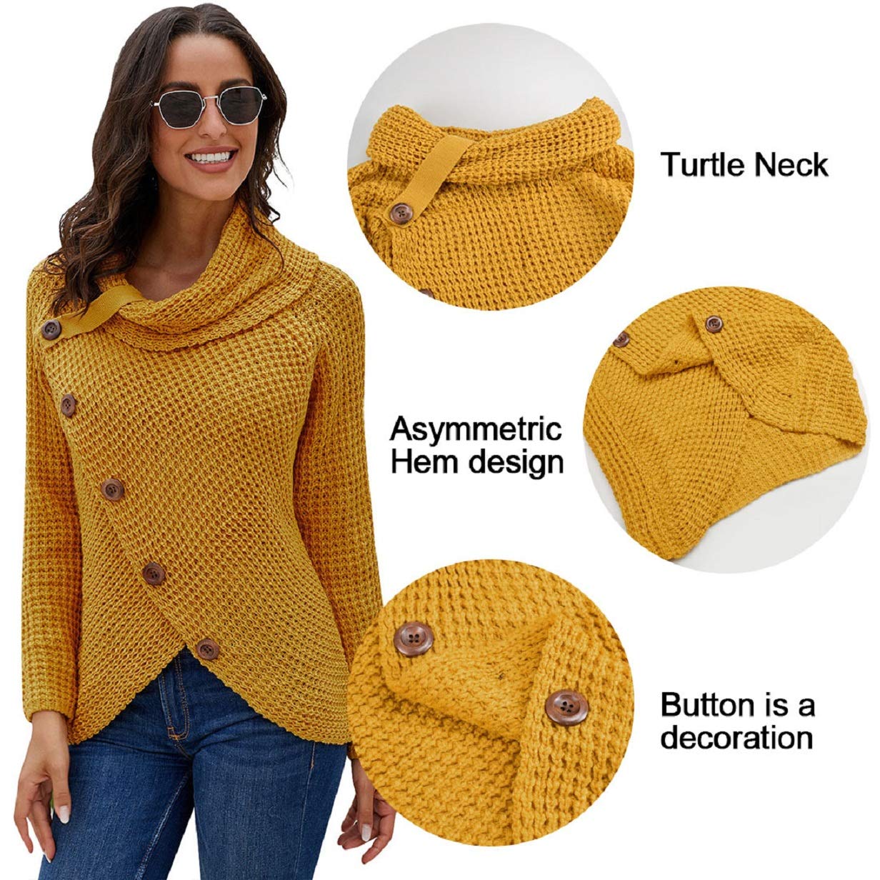 Tuopuda Maglione Donna Felpa Ragazza Asimmetrica Sweatshirt Collo Alto Pullover Elegante Casual Tops Maniche Lunghe Maglione Autunnale Invernale Primavera con Bottoni Natale