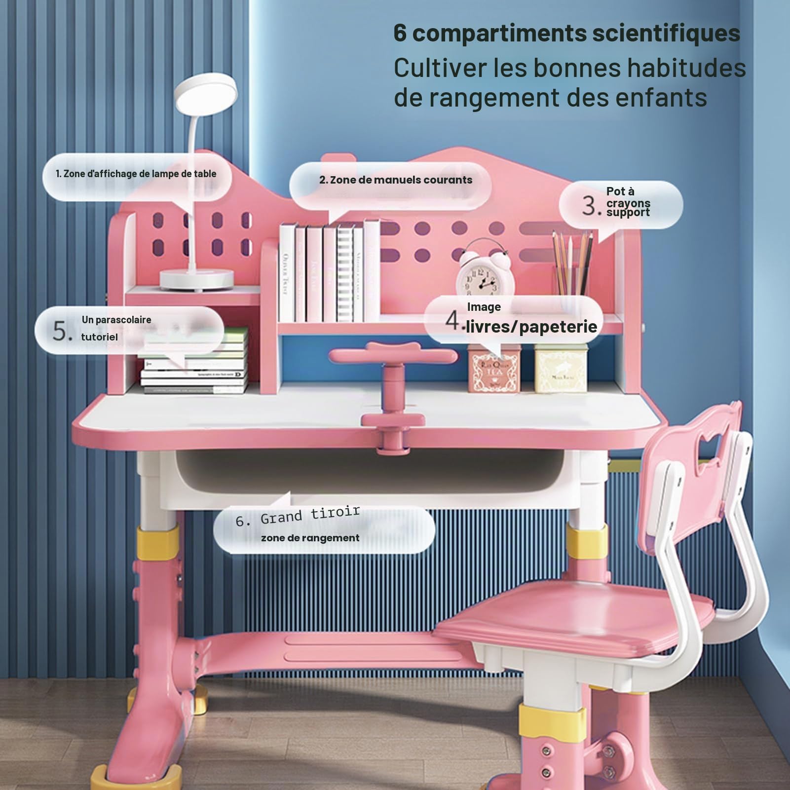 Bureau pour enfant réglable en hauteur - Avec chaise et tiroir - Distance dorée pour éviter la myopie - Pour garçons et filles - Rose