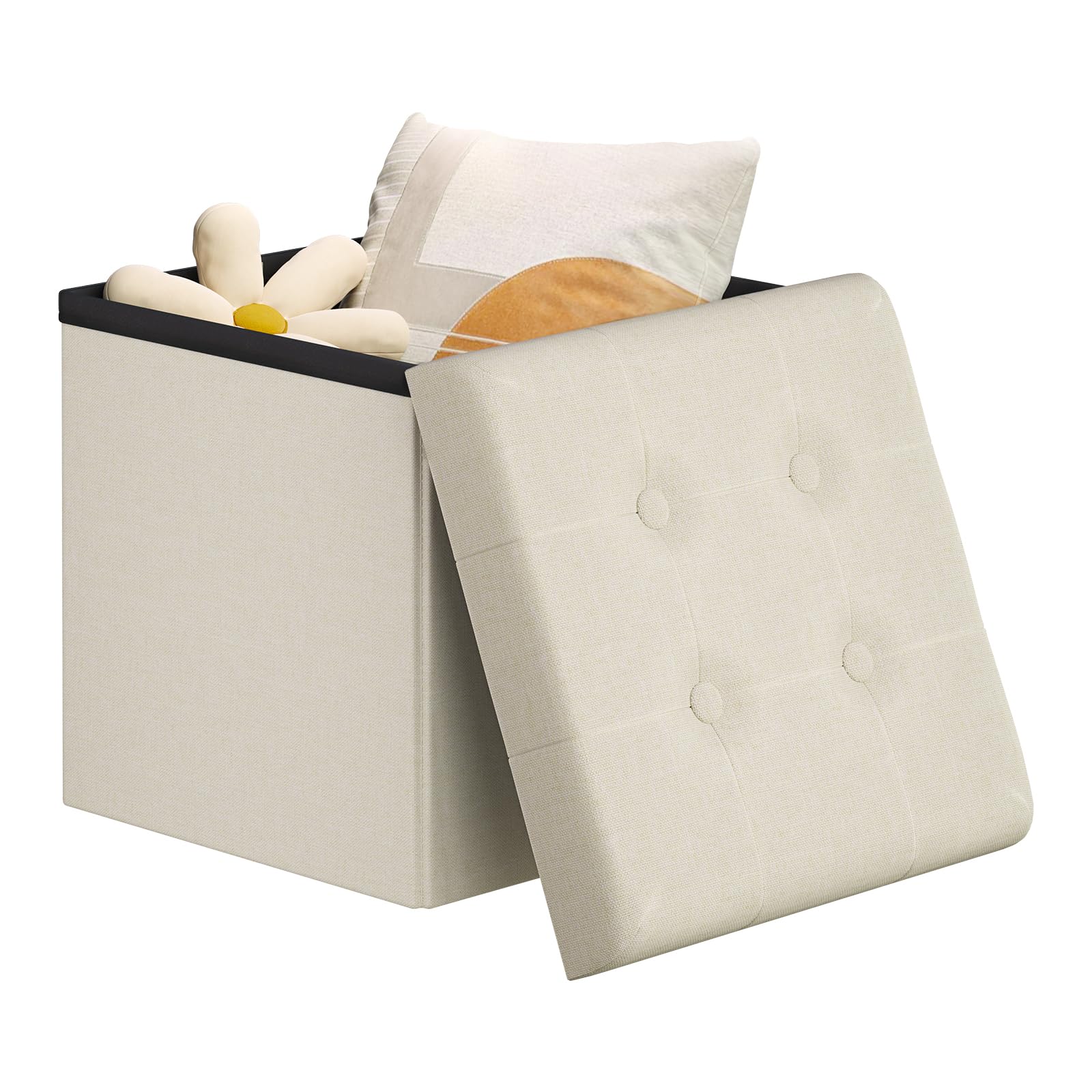 WOLTU Juego de 2 Taburete Almacenaje 17 L, Baúl Plegable de Almacenamiento, Taburete Otomano en Lino Imitado, Taburete Reposapiés Plegable para Cama y Sofá, 30x30x30 cm, Crema