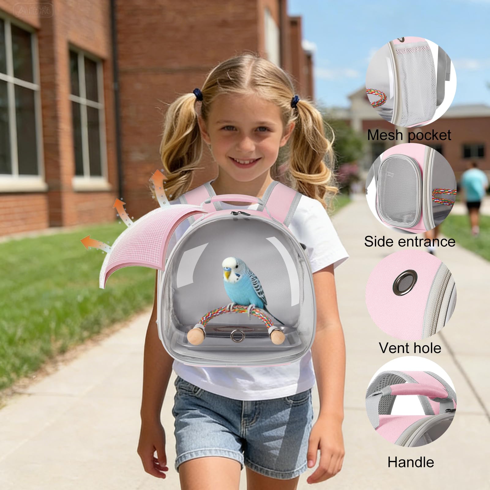 Mochila de viaje para pájaros pequeños, mochila para transportar mochila con bandeja de metal, soporte para periquitos, cacatúas, periquitos, veterinarios, bolsa de libros (rosa)