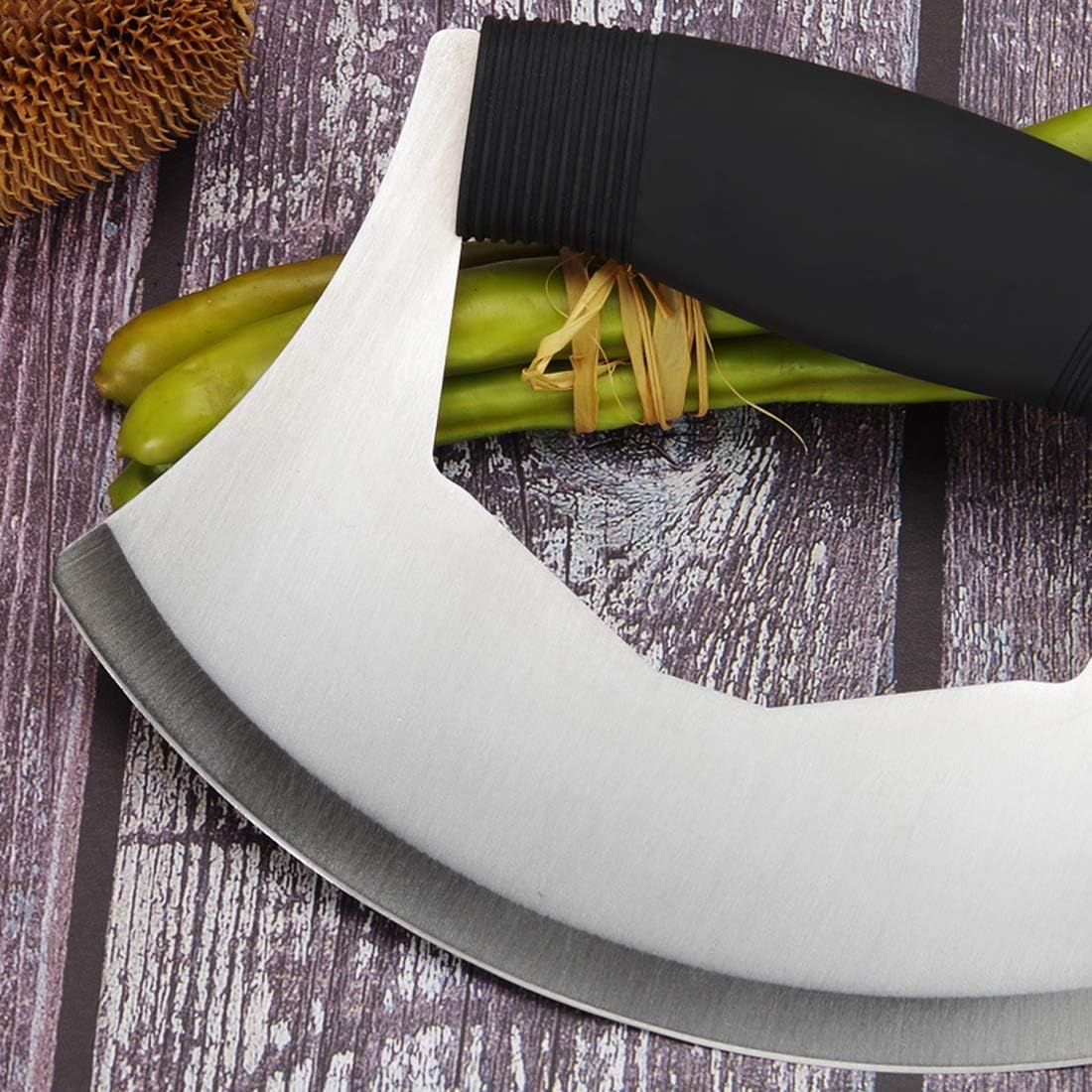Mezzaluna Salad Chopper,Stainless Steel Mezzaluna Knife Razor Sharp Rocker Slicer with Protection Cover Vegetable Chopper Mincing Cutter for Pizza Cheese Onion Carrot Pepper Garlic