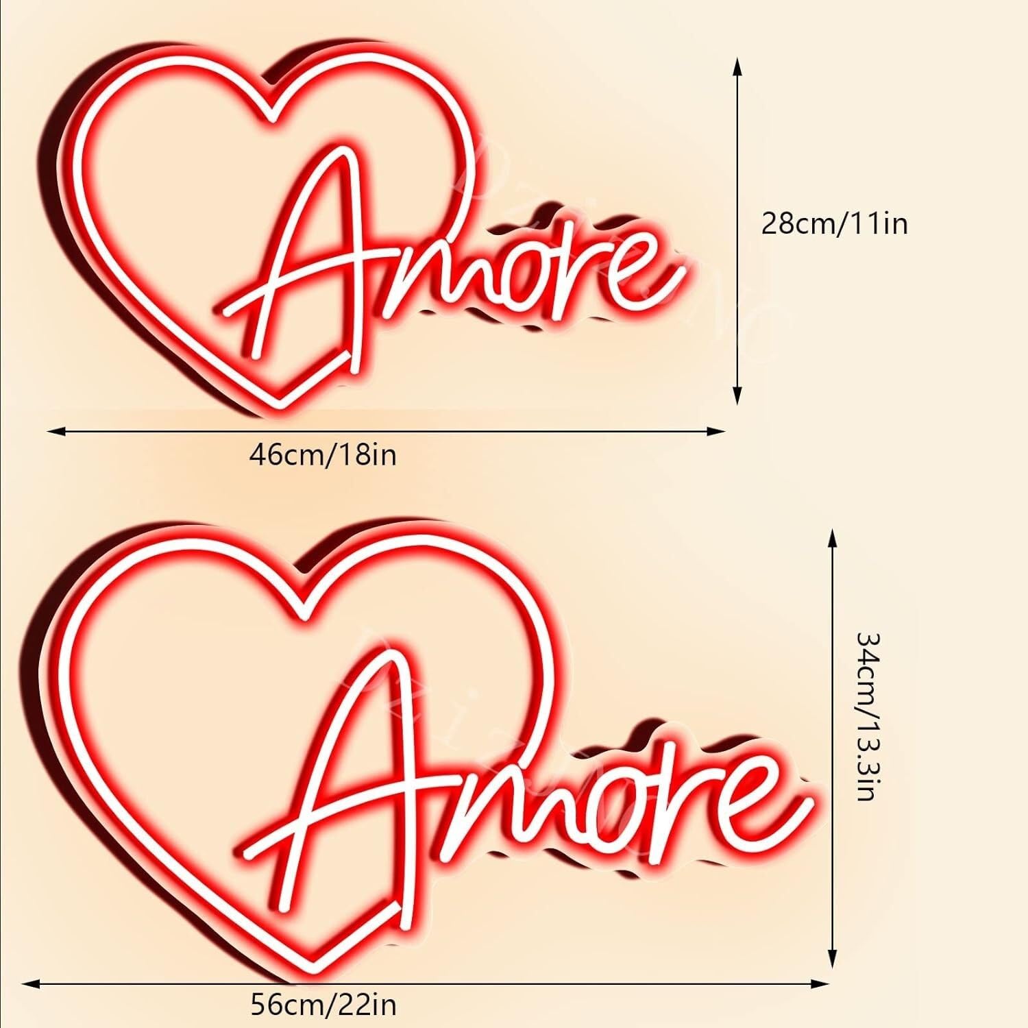 Señal de neón LED Amore luces de señal de neón, LED transparente colgante de pared, decoración de boda acrílica (56 x 34 cm)