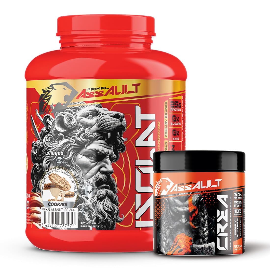 Pack de Proteína ISOLATE 2KG + Creatina Monohidrato en Polvo sin Sabor 300g (PRIMAL ASSAULT Pack de Proteína ISOLATE Cookies 2KG + Creatina Monohidrato en Polvo sin Sabor 300g)