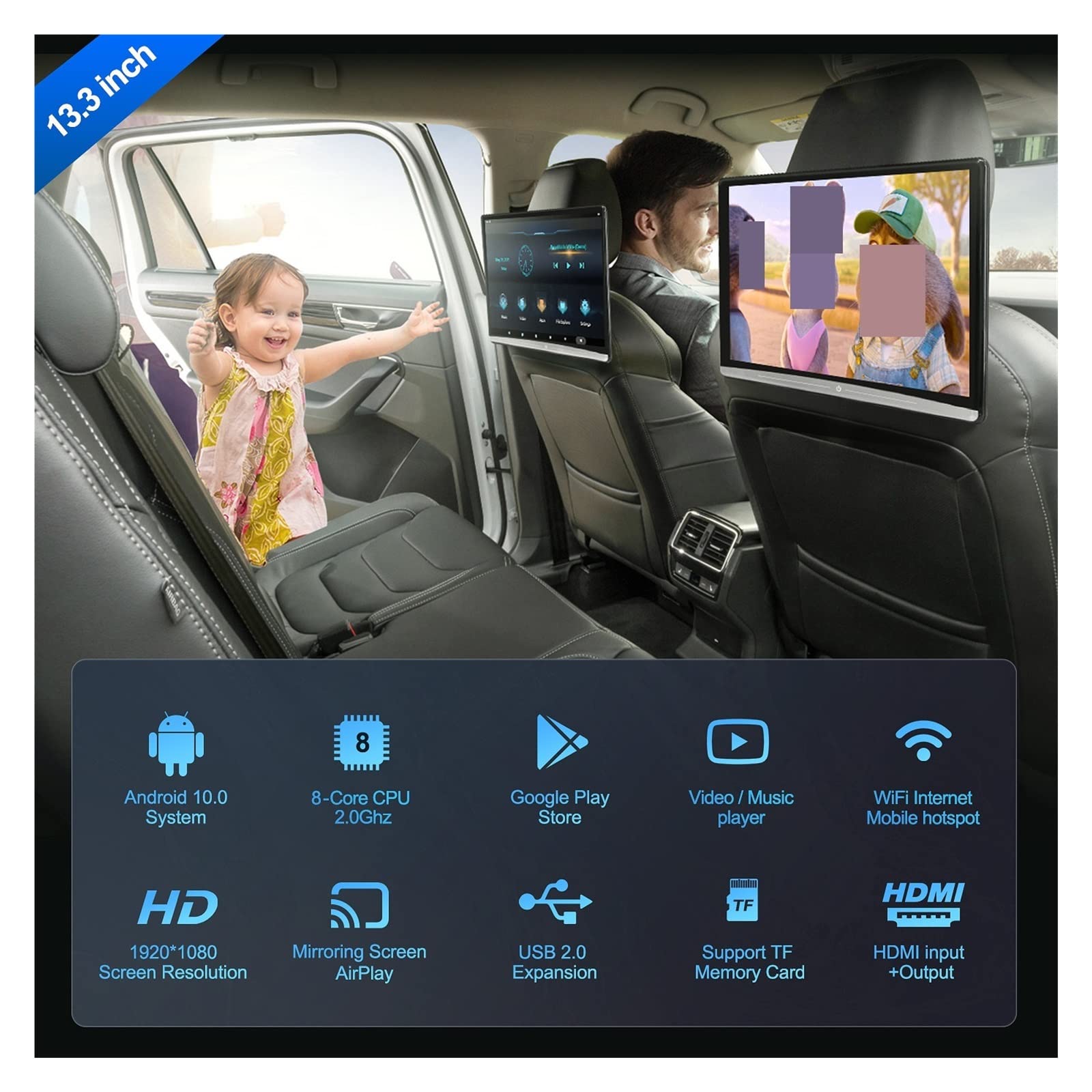 13,3 Pulgadas reposacabezas TV 4K Monitor de Coche Tableta multifunción Pantalla táctil WiFi/Bluetooth/USB/SD/HDMI Entrada FM Viajes Familiares por Carretera(2 Monitors 4G 64G)