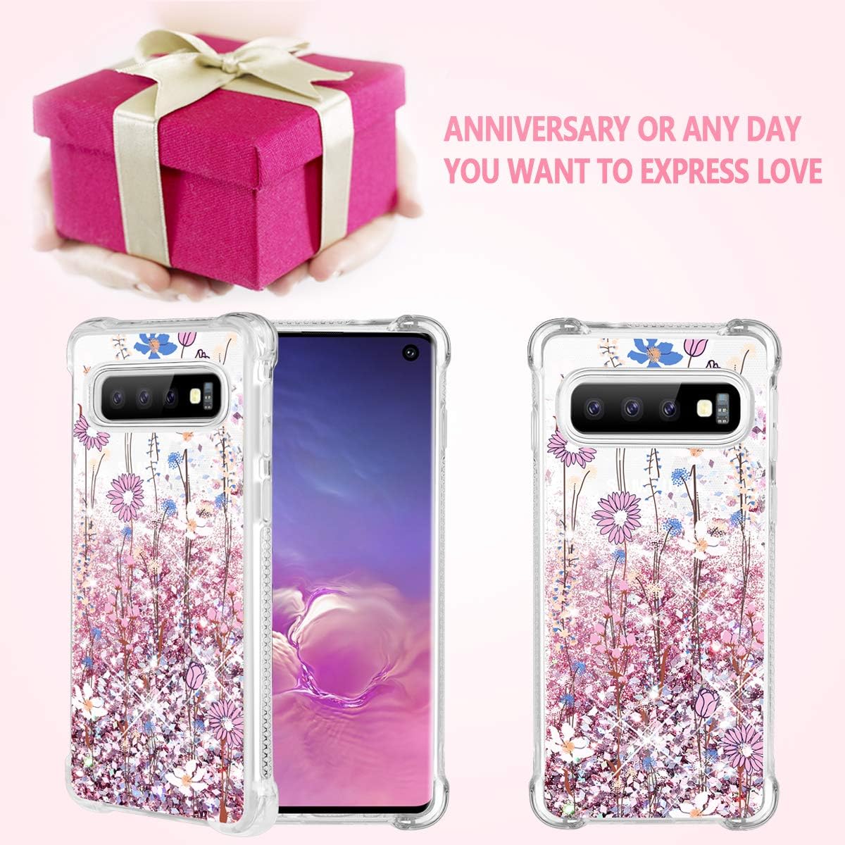Caka Case for Galaxy S10 Floral Glitter Case Flower Pattern Series Luxury Fashion Bling Flowing Liquid Floating Sparkle Glitter Soft TPU Case for Samsung Galaxy S10 (Pink Flower)
