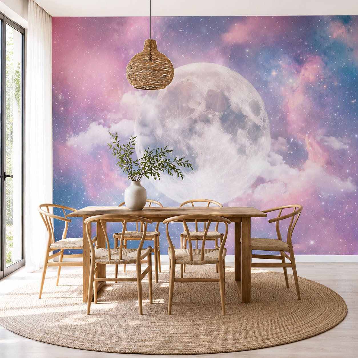 3D Carta Da Parati Panoramica Cielo stellato da sogno,400x280cm Fotomurale in seta Murali Nebulosa Gradiente della Luna Piena Per Adulto Camera Dei Bambini, Ristorante Decorazione Rosa-violaceo