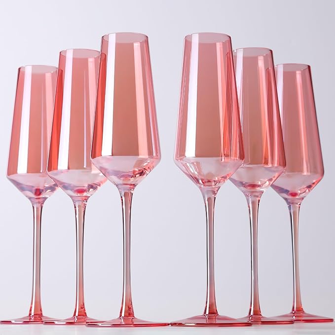 Amazon.com | CLUSIVC Pink Champagne Flutes Set of 6, Pink Hand-Blown ...