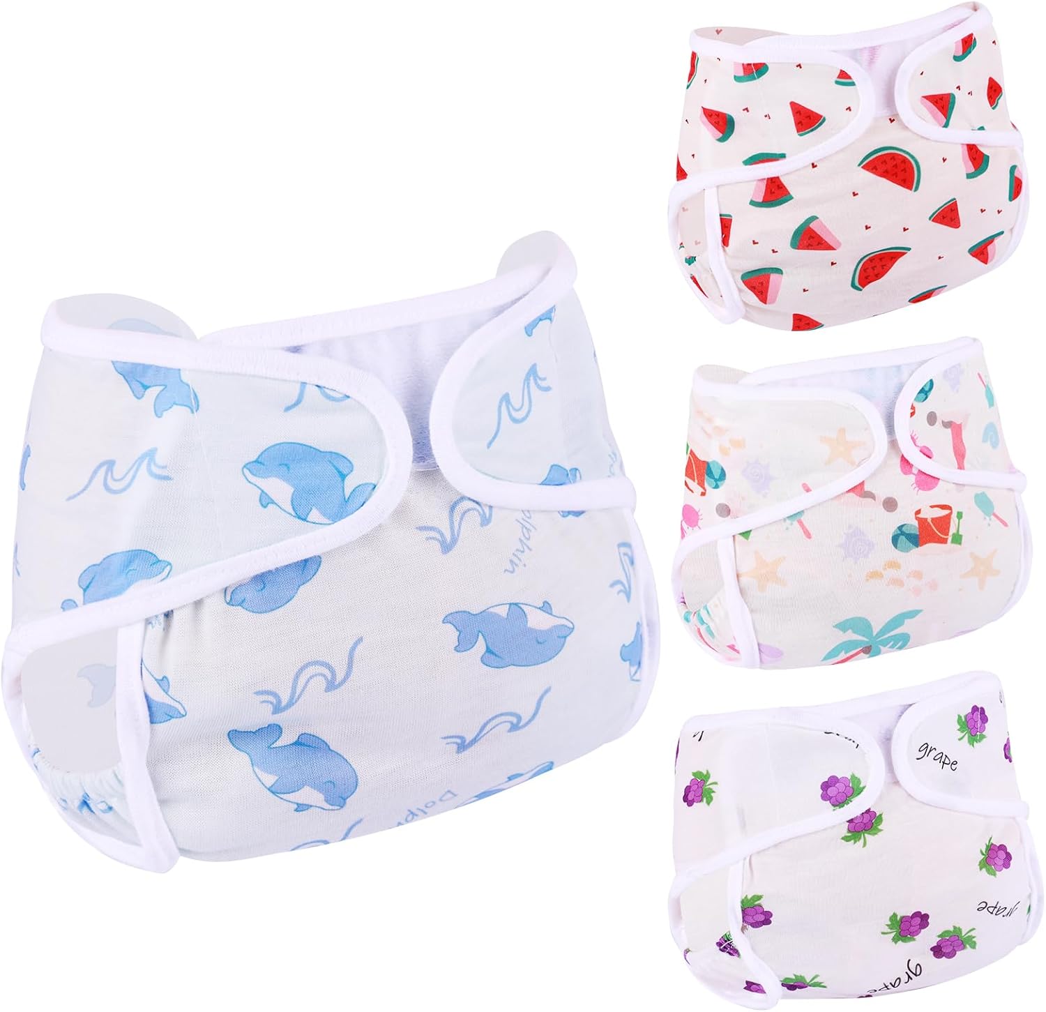 BABESIDE 4 Pcs Reborn Baby Doll Diapers Reusable for 17-22 Inch Dolls, Animal & Fruit Patterns Baby Doll Diapers Washable for Realistic Babydoll Underwear