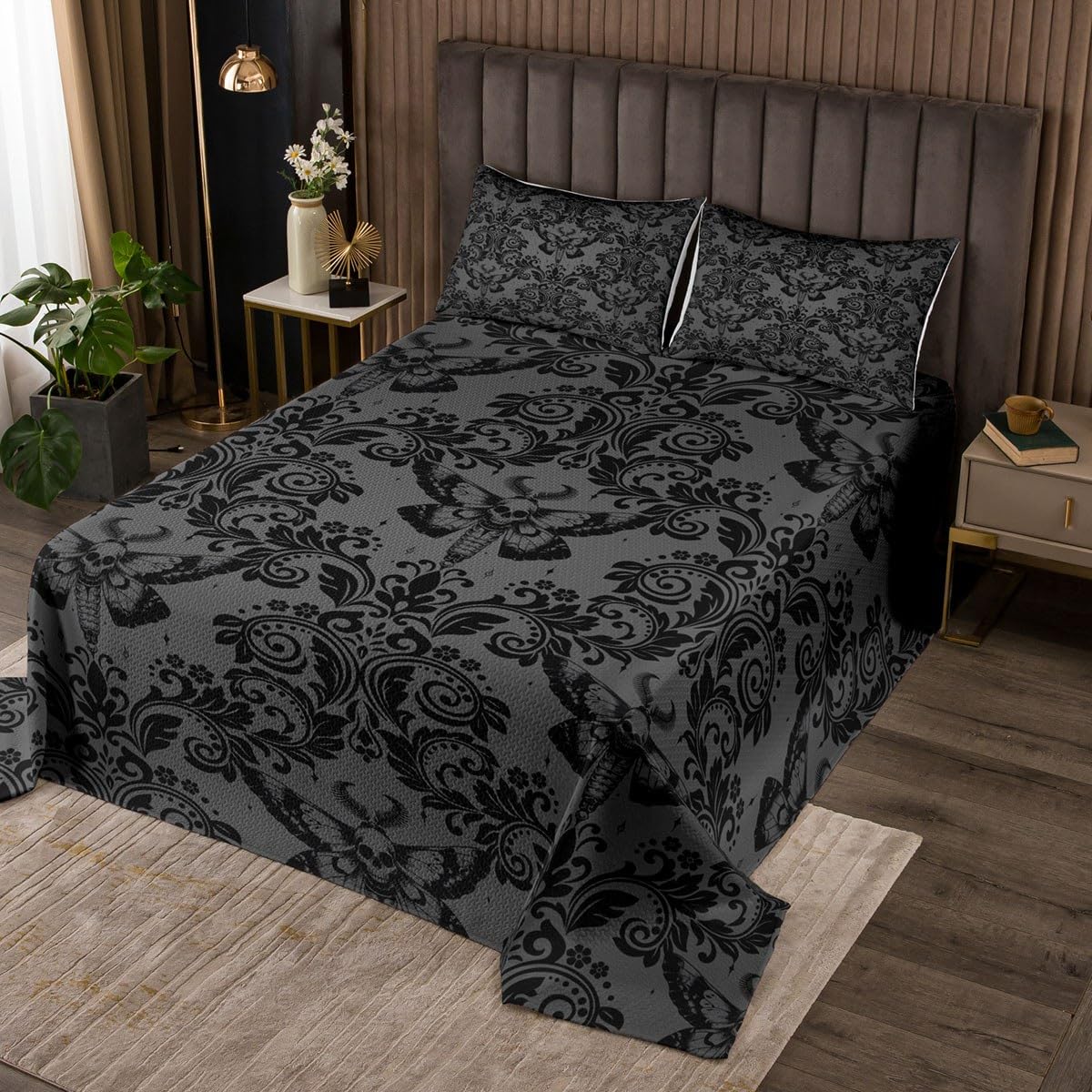 Homemissing Erwachsene Schwarz Vintage Damask Floral Cotton Steppdecke Oriental Antique Gotik Bohemia Boho Blumen Tagesdecke 240x260cm Gotik Schädel Bettüberwurf 3Stück