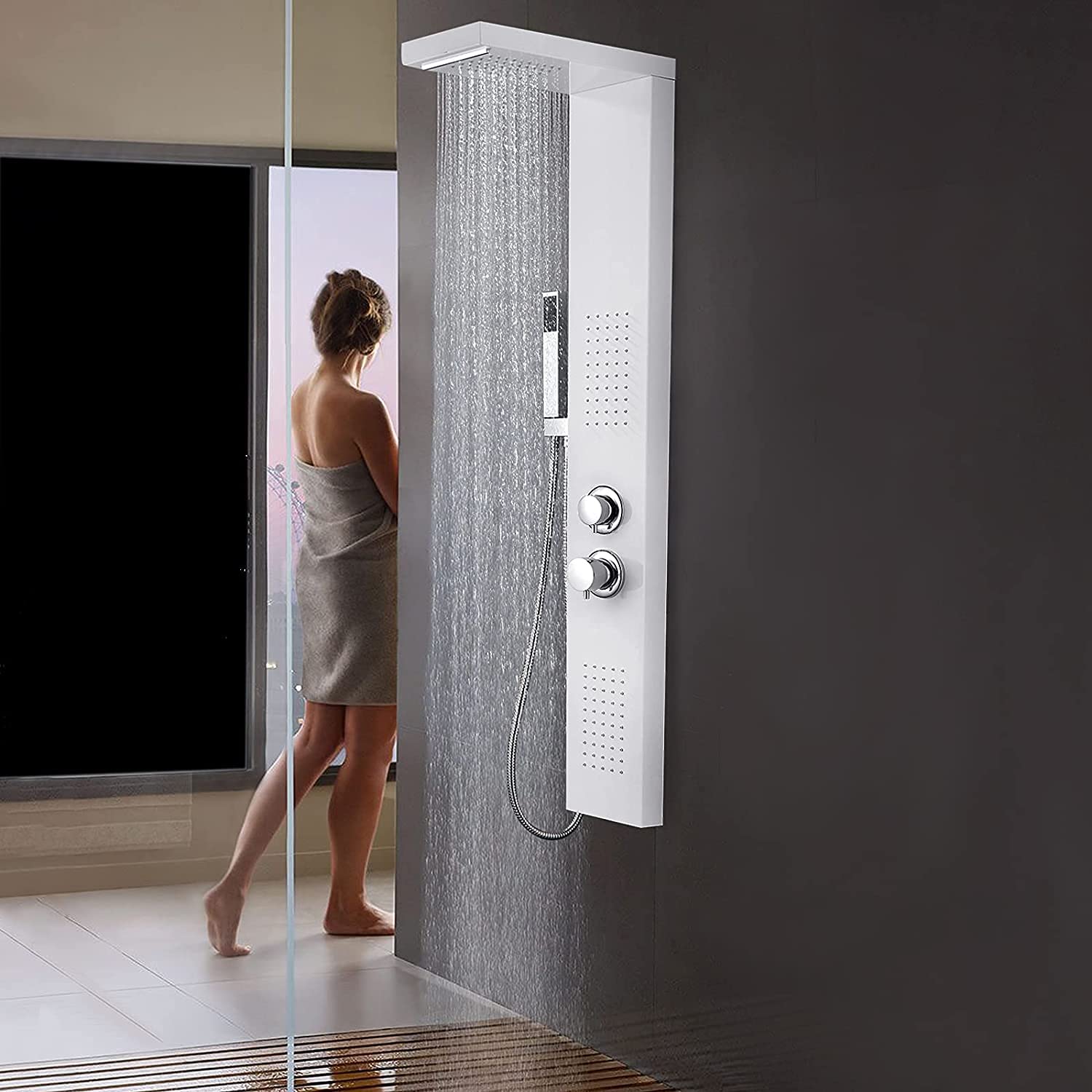 LARS360 Pannello doccia rubinetto doccia in acciaio inox 4 in 1 sistema doccia con doccetta a pioggia, doccia a pioggia, doccia a cascata, set doccia per bagno doccia, pannello doccia bianco