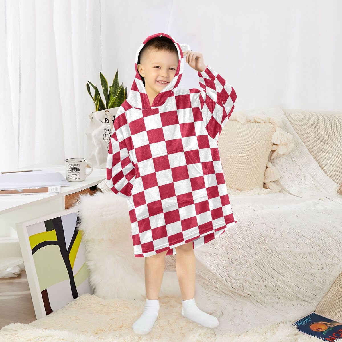 Kratka czerwony biały dziecięcy koc do noszenia bluza z kapturem oversize bluza koc sweter kratka dla chłopców dziewcząt w wieku 3-14 lat