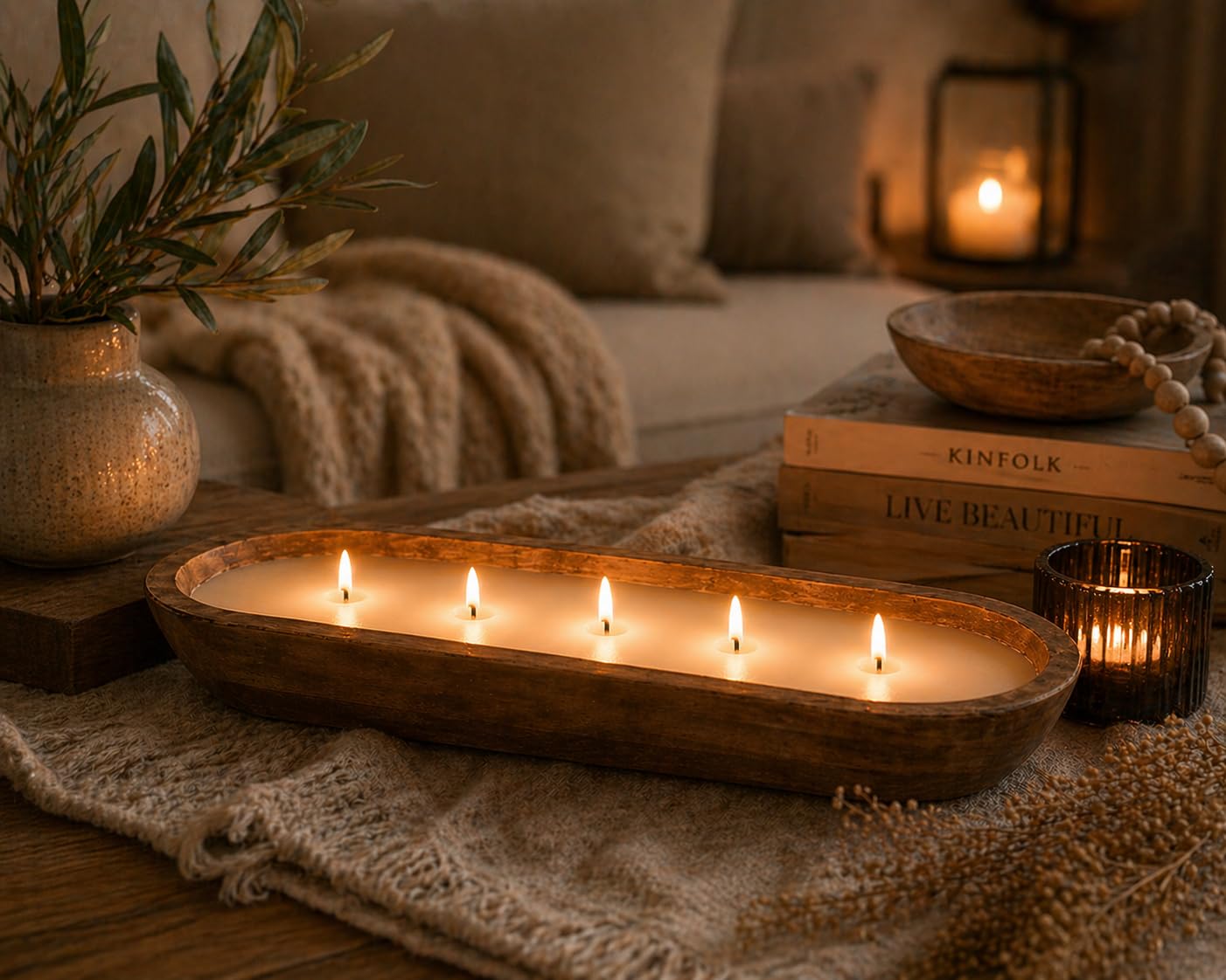 Candela profumata allungata in ciotola di legno, lussuosa candela di soia con 5 stoppini, effetto scoppiettante, grande candela d'atmosfera, decorazione rustica per la casa e idea regalo