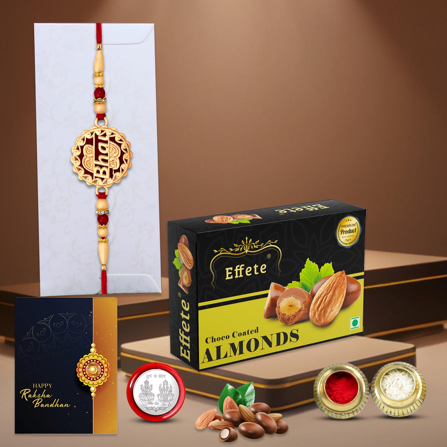 DeoDap Chocolate with Rakhi Set for Brother – Round Golden Bhai Designer Rakhi Set of 1 with Choco Almonds(32g) Gift, Silver Color Coin & Greeting Card – Raksha Bandhan Combo for Bhai-image-9