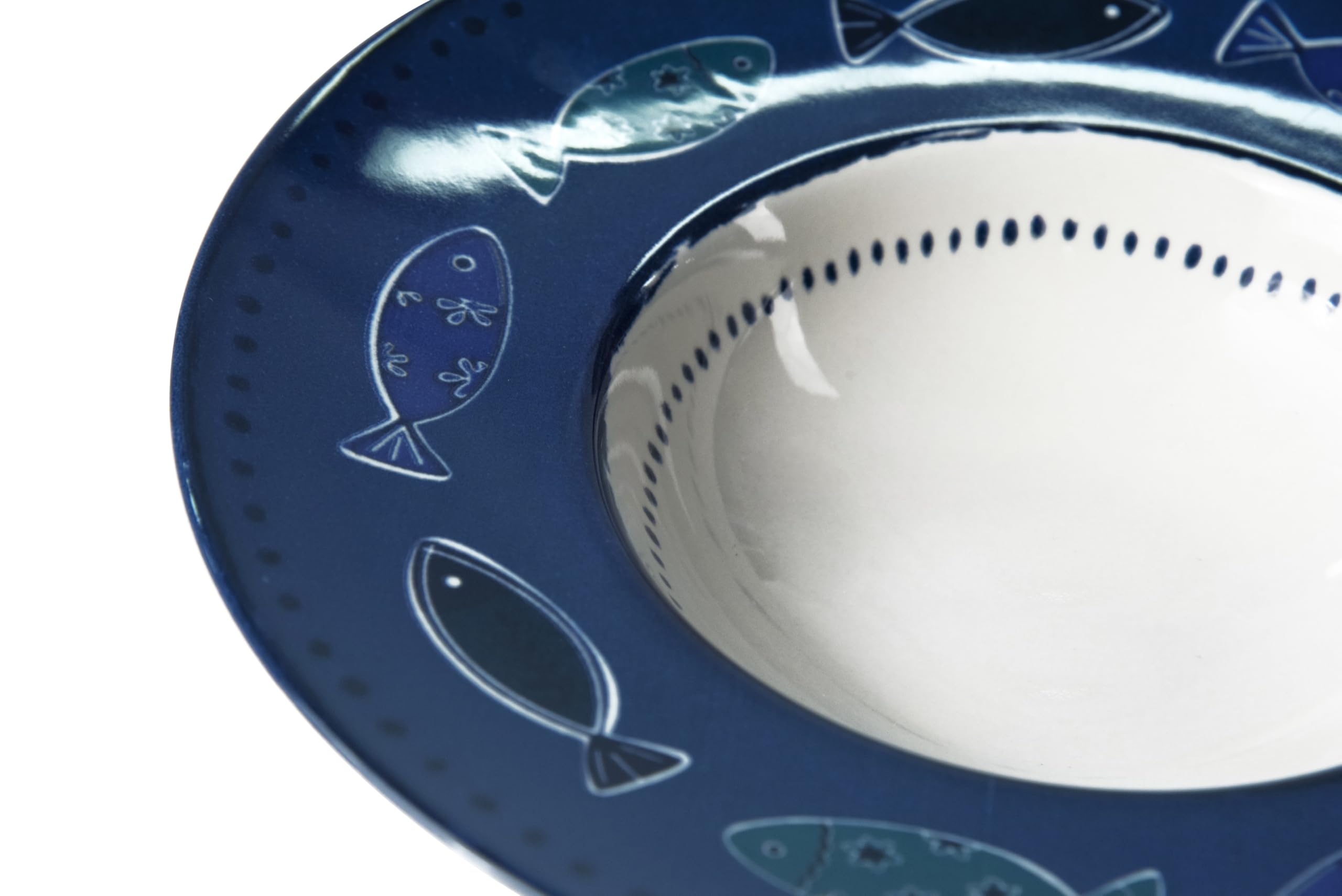 Excelsa Ocean Lot de 6 assiettes creuses en céramique avec motif poissons, bleu et blanc