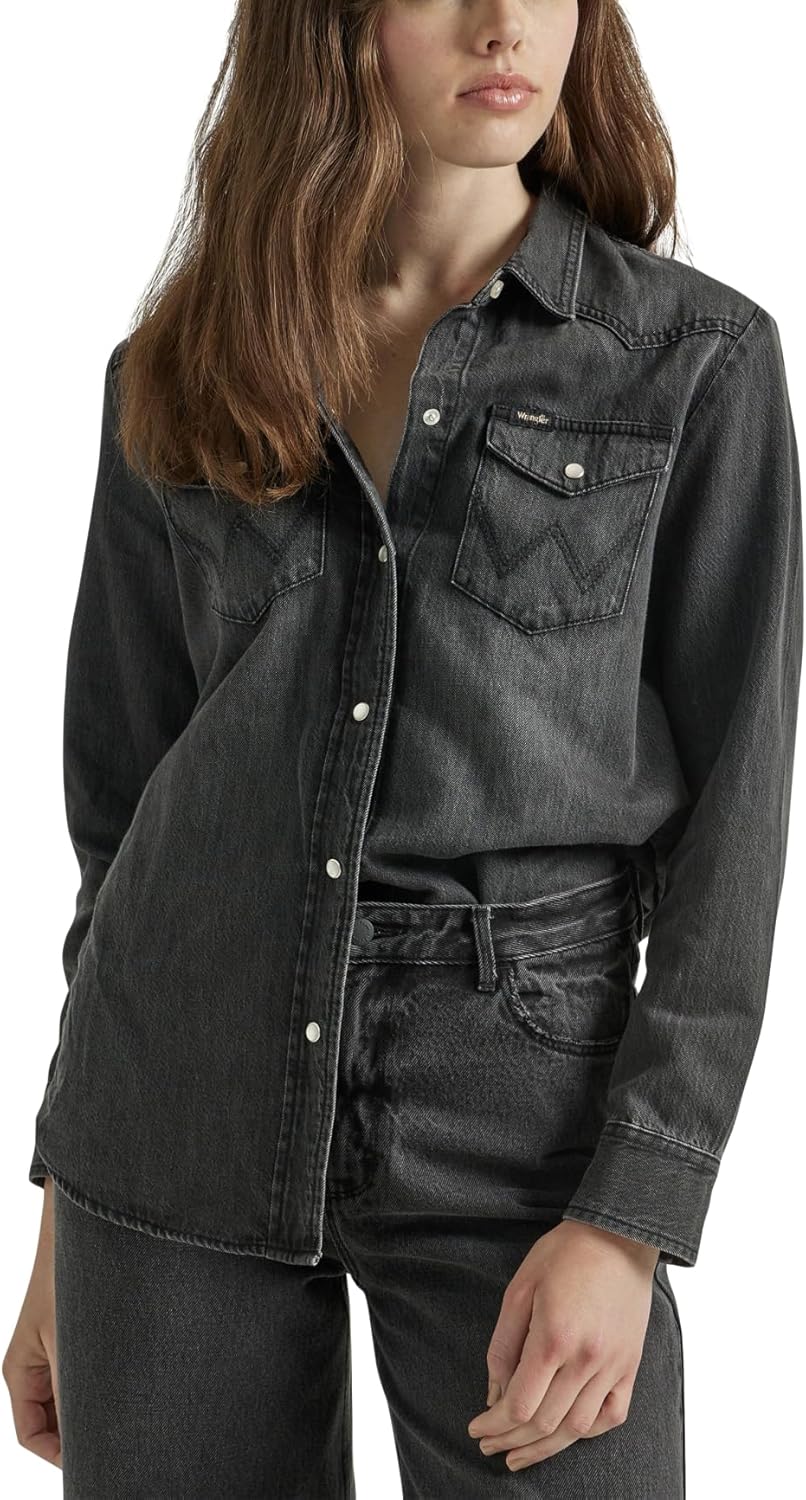 Wrangler Womens Boyfriend Denim Snap Closure Shirt