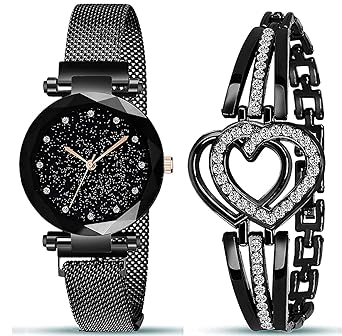 The Shopoholic Branded Analogue Diamond Black Dial Magnet Watch with Gift Bracelet Combo for Women Or Girls and Watch for Girl or Women (Combo of 2)