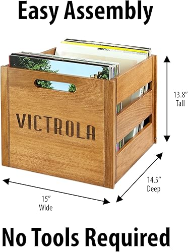 Miniatura 3 de Victrola Caja de discos de madera, soporte de vinilo de mesa, montaje sin herramientas, capacidad para más de 50 discos, construcción de madera