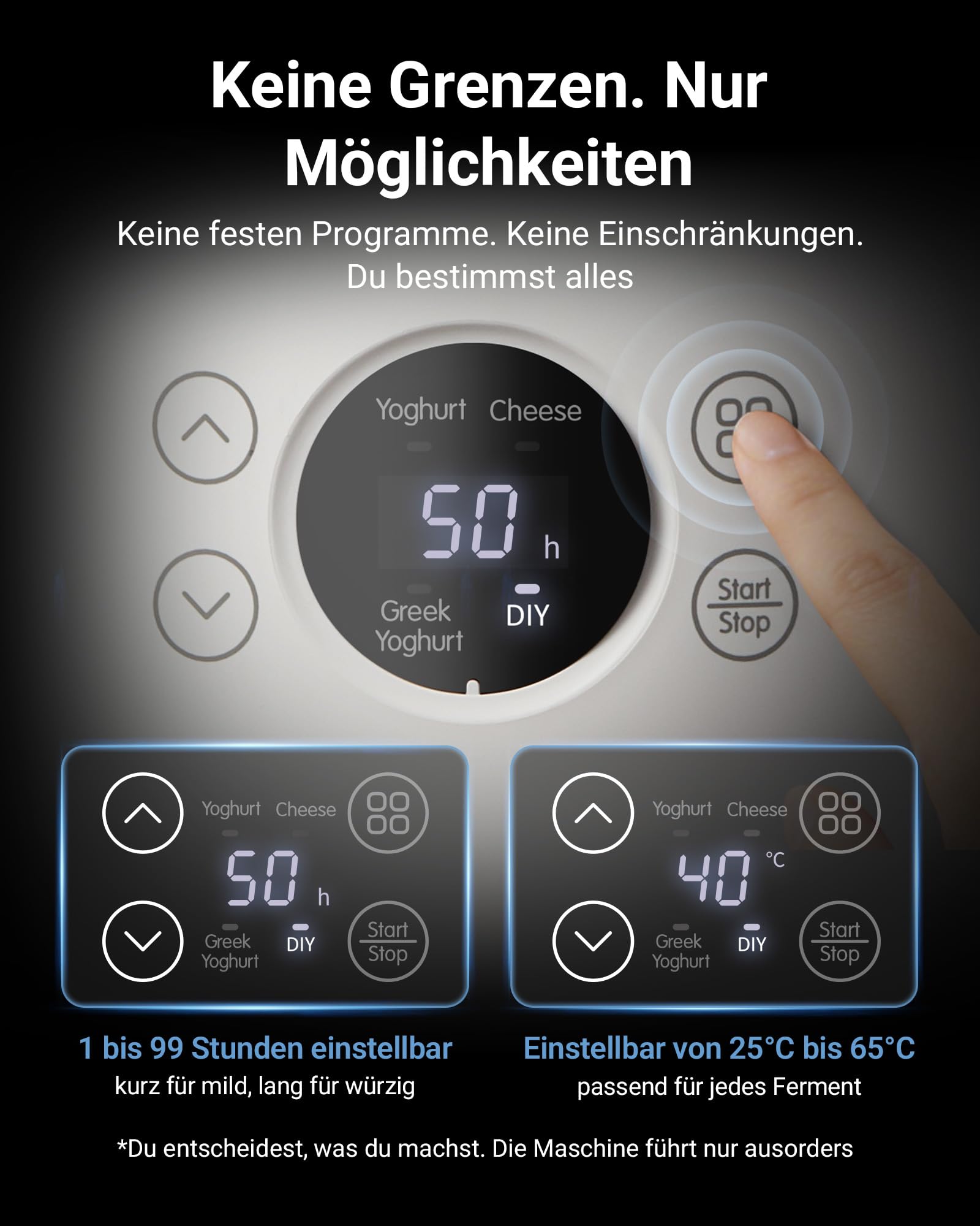 Bear Joghurtbereiter Joghurt- und Frischkäsebereiter, inkl. 4 Keramik Portionsbecher à 125 ml, 2 XXL Glasbehälter à 1 Liter, 4 voreingestellte Programme für Griechischer Joghurt, Käse