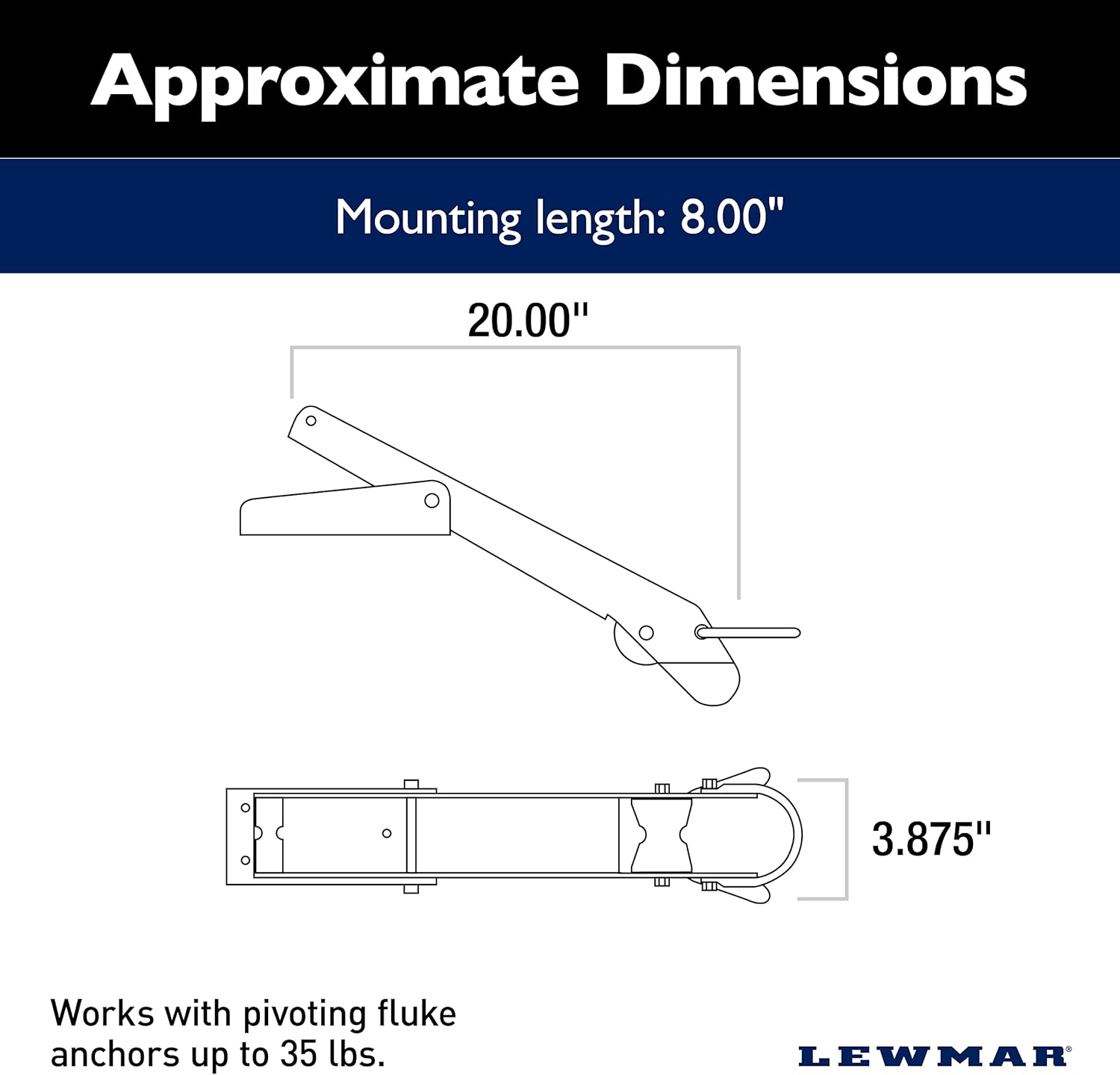 Lewmar Bow Roller for Pivoting Fluke Anchors up to 35 lbs., Stainless Steel Construction, Derlin Rollers, Measures 3-7/8" W x 20" L, Easy Installation, mounting Hardware not Included - 2020202312